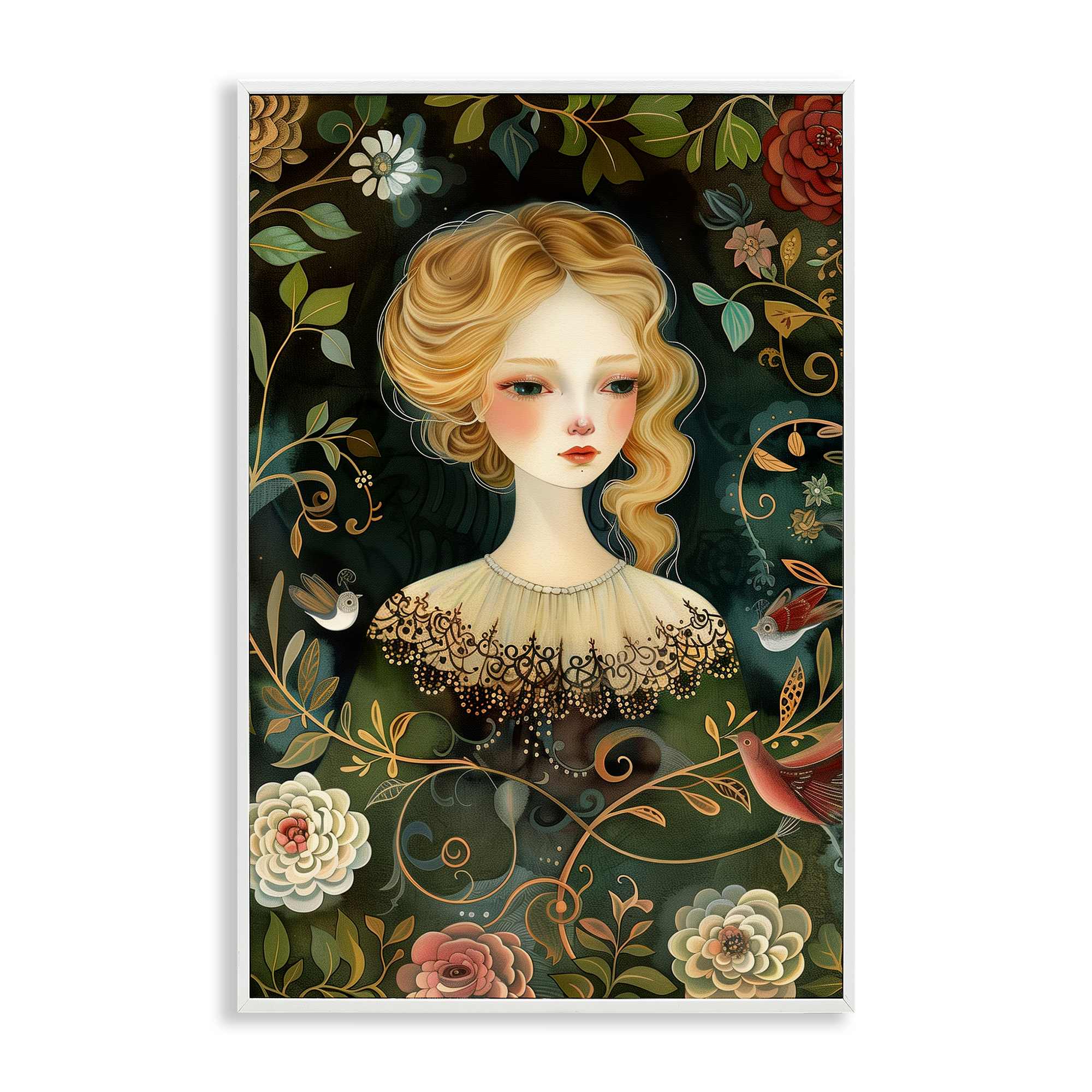 Stupell Industries BT-883-WFR-16X24 Victorina Woman with Florals White Framed Giclee Art By The Dutch Lady 16 x 24