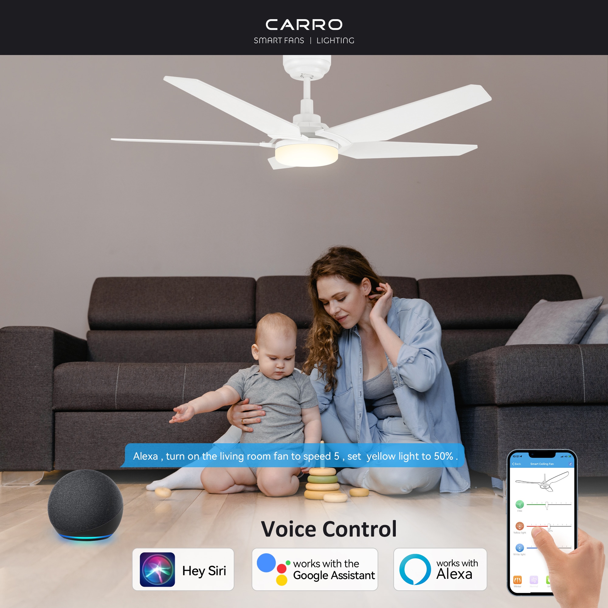 CARRO USA Voyager 52-in White Indoor/Outdoor Smart Ceiling Fan with Light and Remote (5-Blade) LS525B-L22-W1-1 Sansujyuku sansujyuku.com