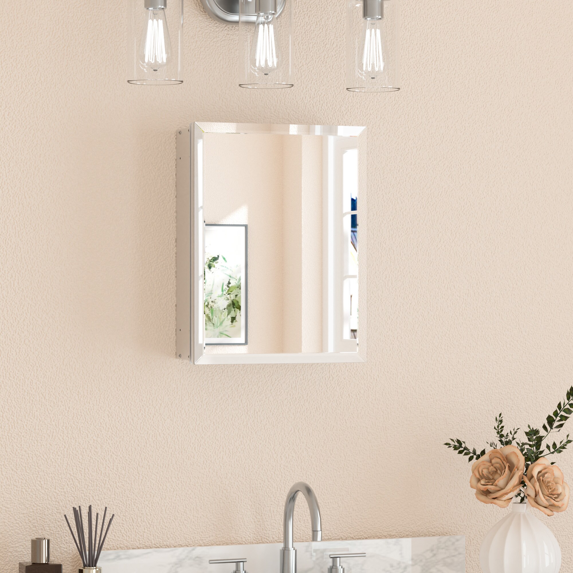 Keonjinn LW-JG-FJXP-3546-SI 14-in x 18-in Surface/Recessed Mount Sliver Mirrored Rectangle Soft Close Medicine Cabinet