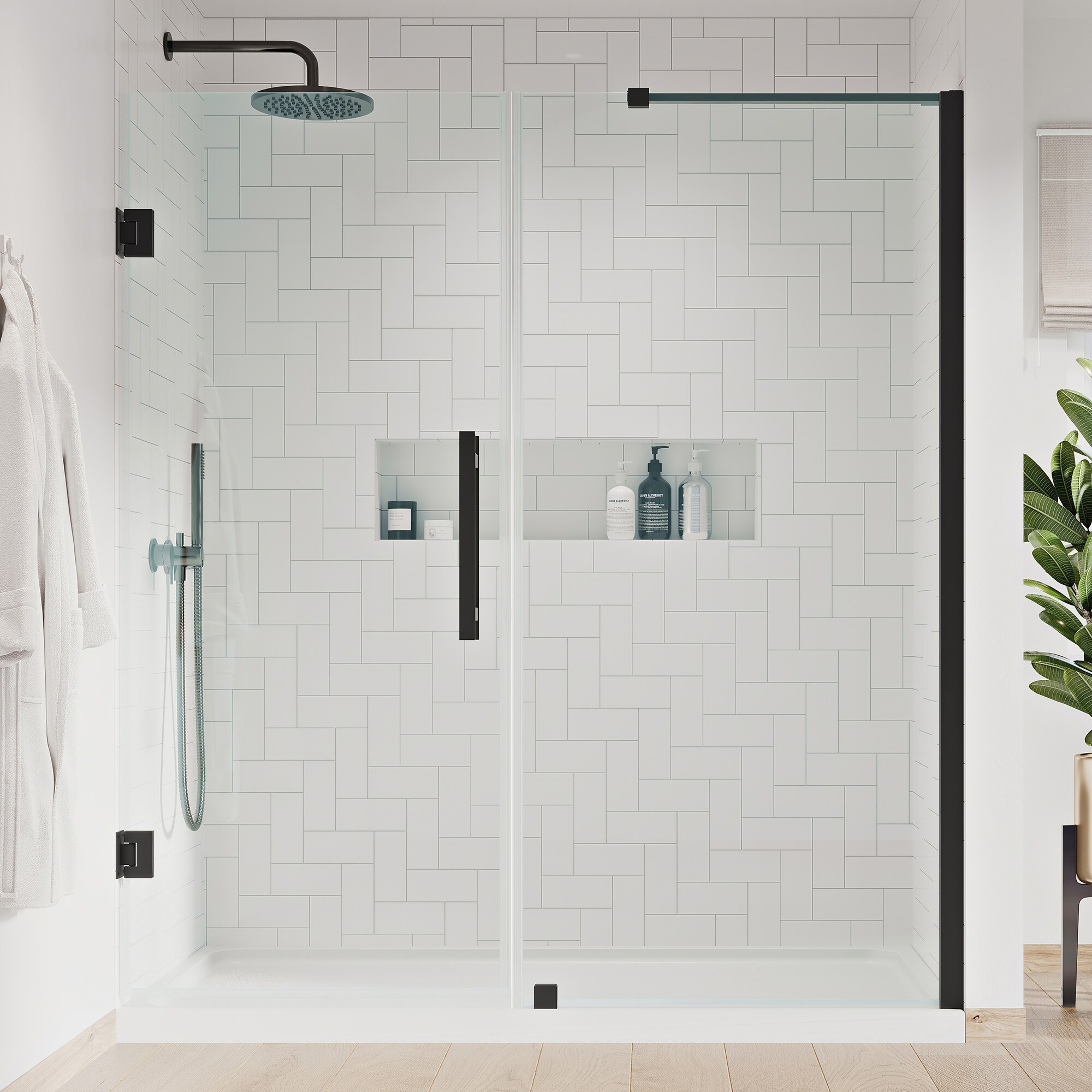 OVE Decors 828796061100 Tampa-Pro 60-in W x 32-in L x 75-in H Rectangular Alcove shower kit ( Reversible Drain) Base and Door Included Satin black Hardware Included