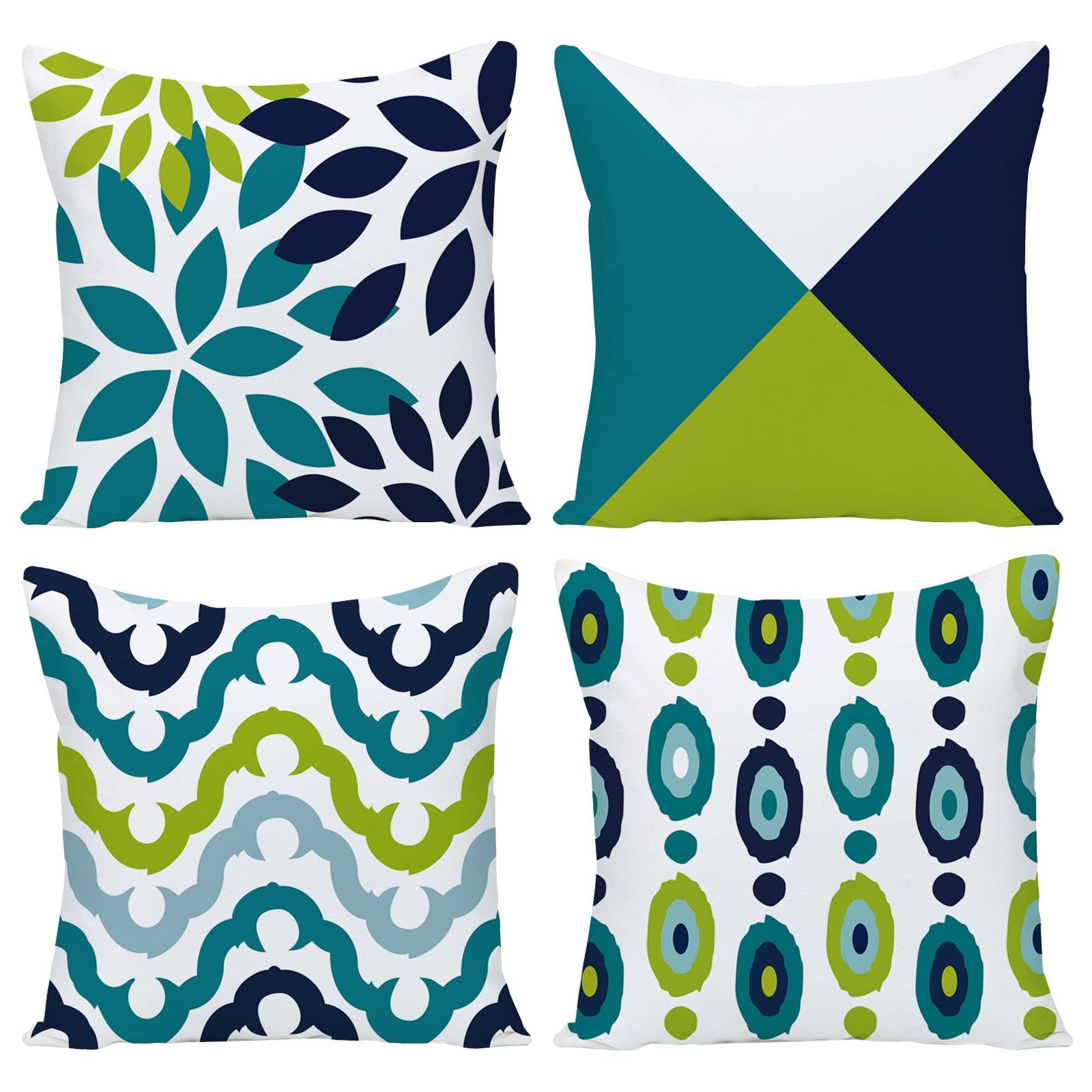 LAIFUCAM  Decorative Green Blue Abstract Throw Pillow Covers 16x16 Inch Set of 4 Geometric Cotton Linen Square Cushion Covers for Sofa Couch