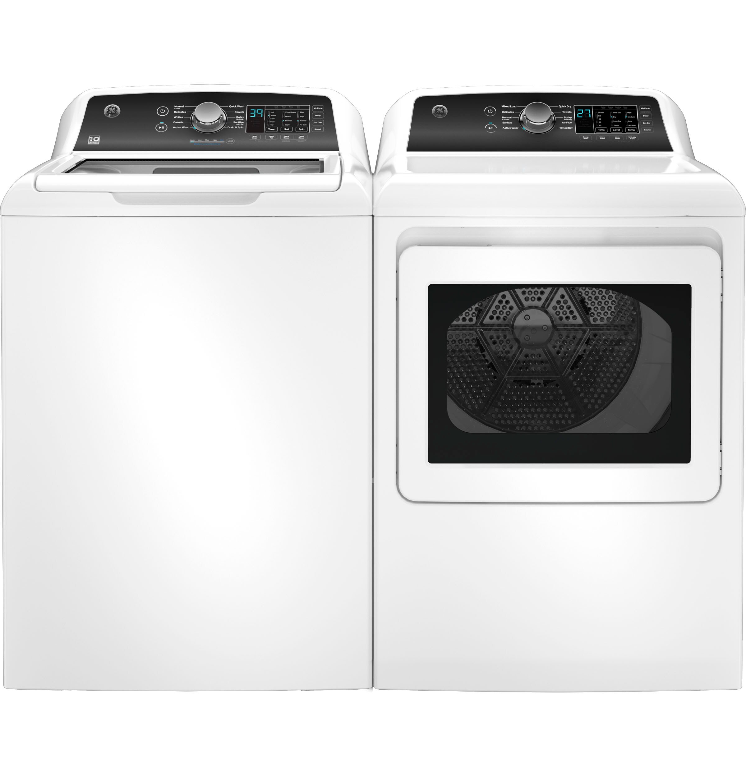 GE High Efficiency Top Load 4.5 cu ft Washer with Stainless Steel Basket & Gas Dryer Set in White