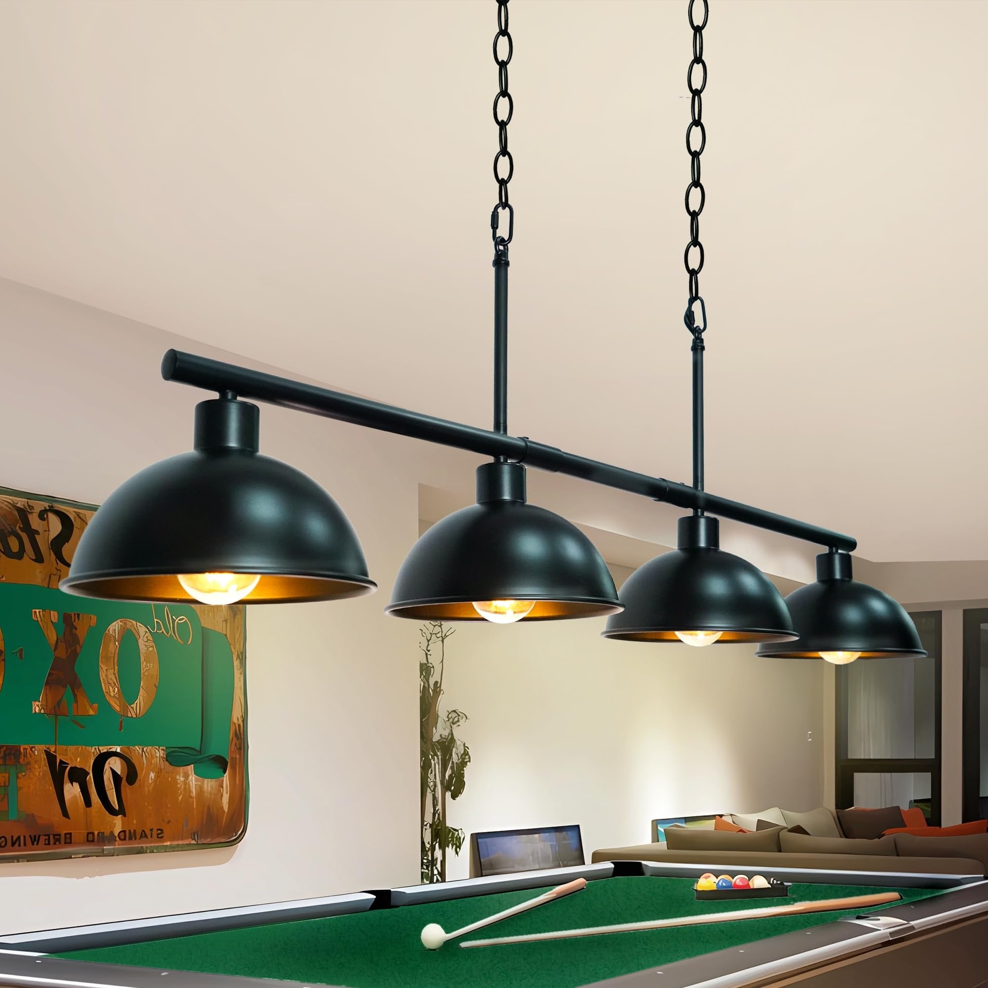 Lukvuzo  4 Light Matte Black Metal Pool Table Light Fixture 46.4 in L x 8 in W x 14 in H Adjustable Chain for 7 ft 8 ft Billiards Room Kitchen Island 1 Piece