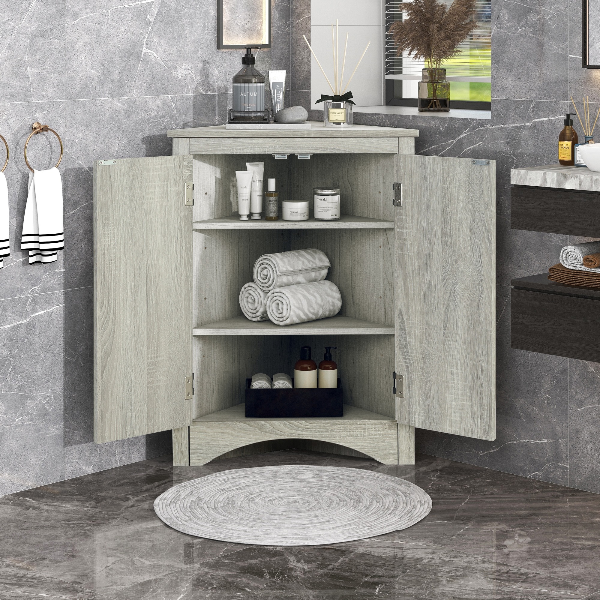 HyperDrop Cart MDF Oak Triangle Bathroom Storage Cabinet with Adjustable Shelves Freestanding Floor Cabinet