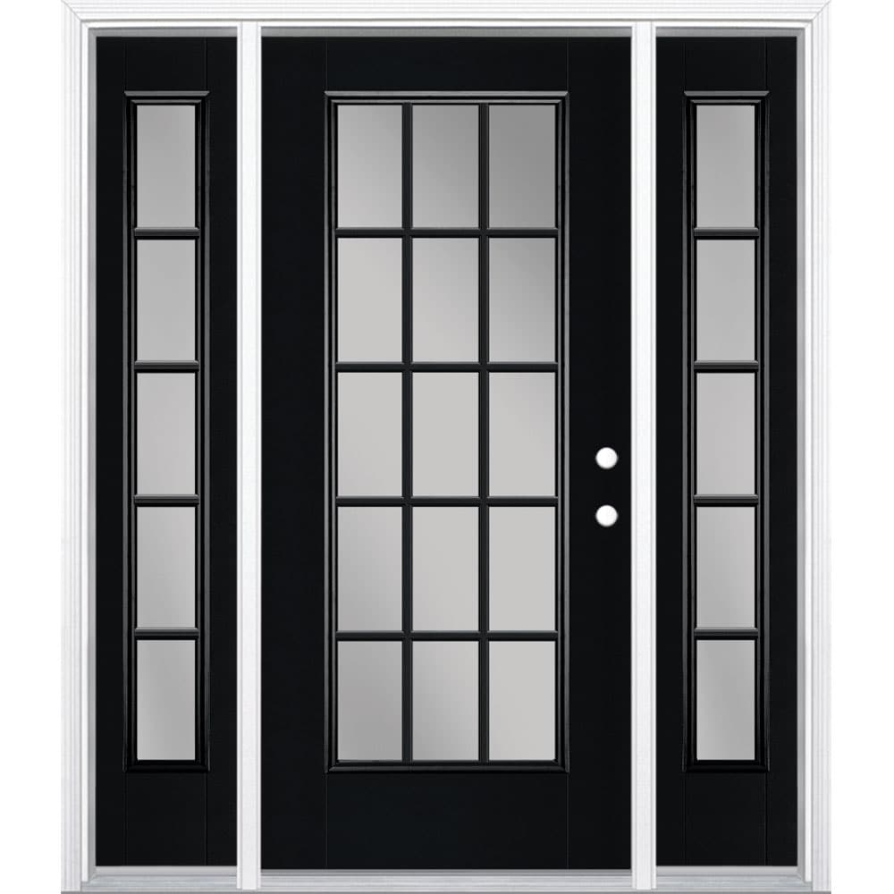 Masonite 1218871 60-in x 80-in x 4-9/16-in Fiberglass Full lite Left-hand inswing Peppercorn Painted Prehung Front Door with Sidelights with Brickmould Insulating core with Grilles