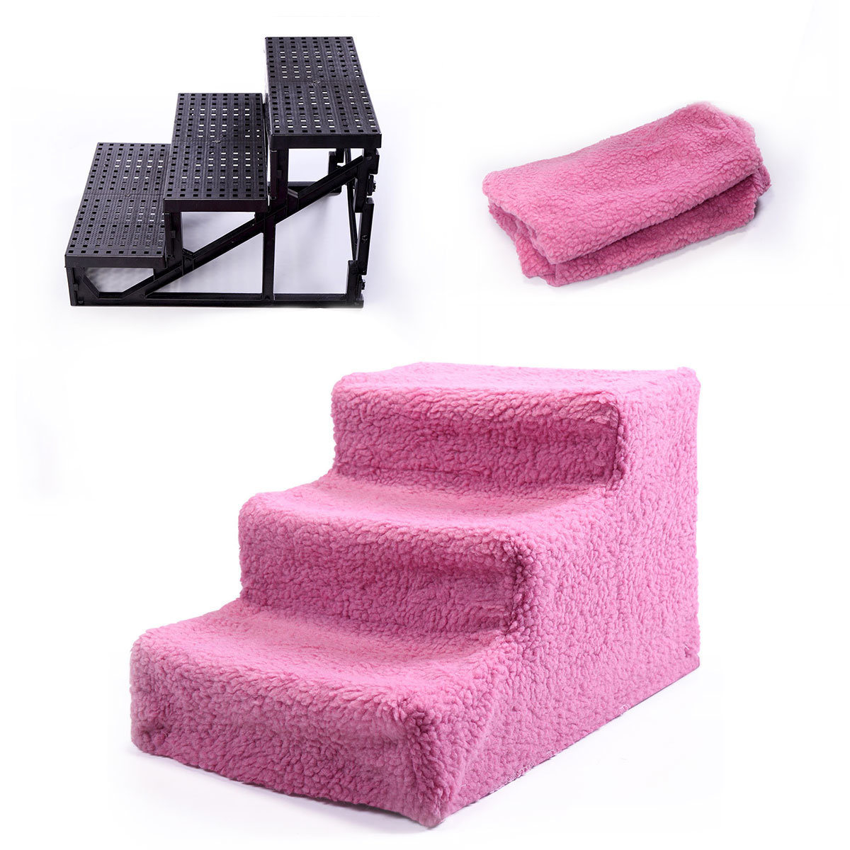 maocao hoom Pink Plastic Dog/Cat Steps - Small Pet Indoor Stairs with Fabric Tread - 3 Steps - Removable Cover - Easy Assembly - Black Frame | BH99588