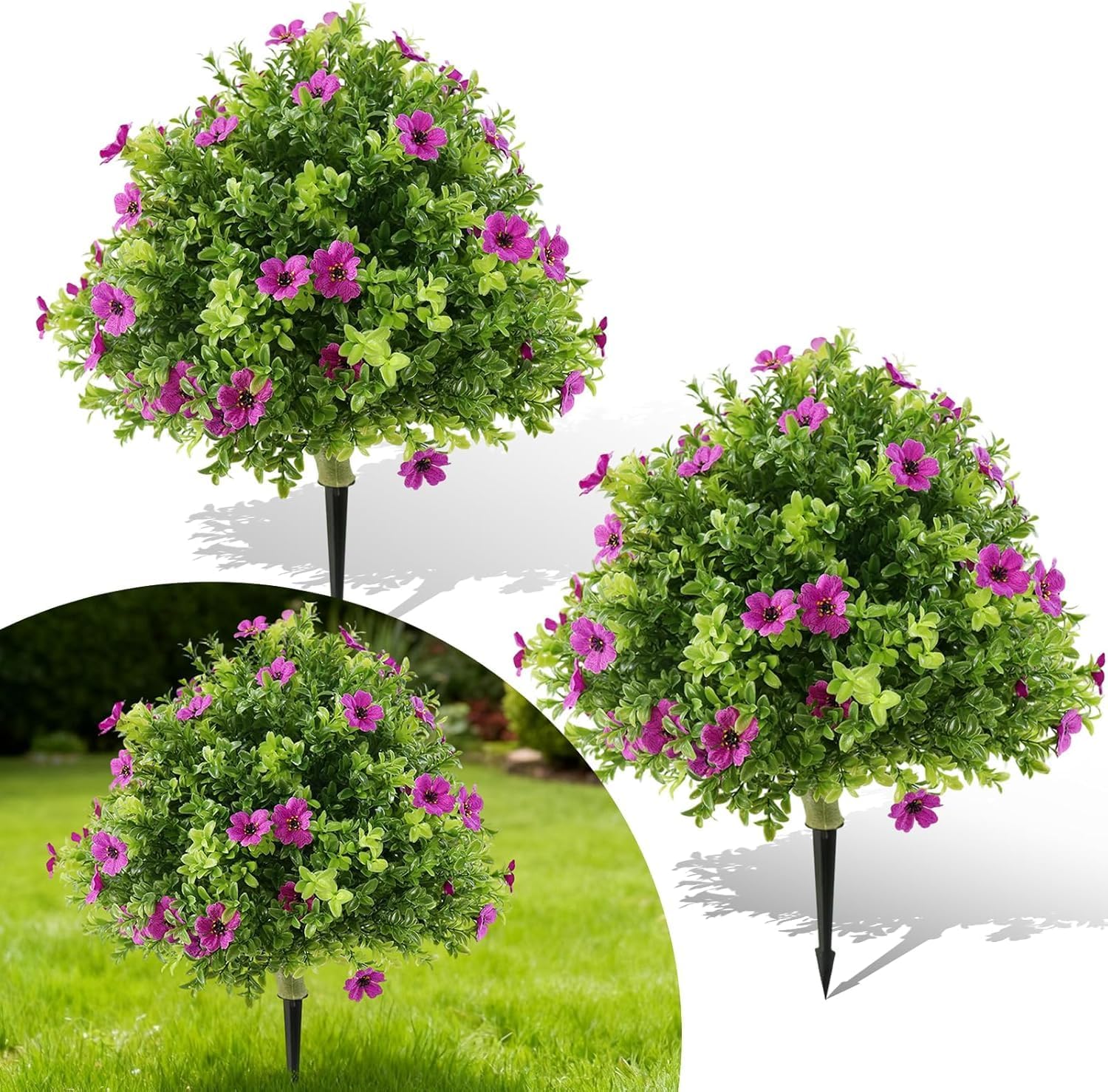 Garvee 2 PCS 23 Inch Artificial Boxwood Ball Topiary Trees with Flowers Fake Outdoor Shrubs with Ground Spikes for Home Office Wedding Party Indoor Outdoor Decor Purple