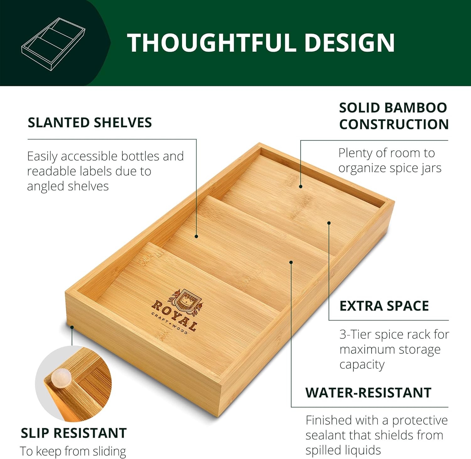 Natural Bamboo 3-Tier Spice Rack Drawer Organizer