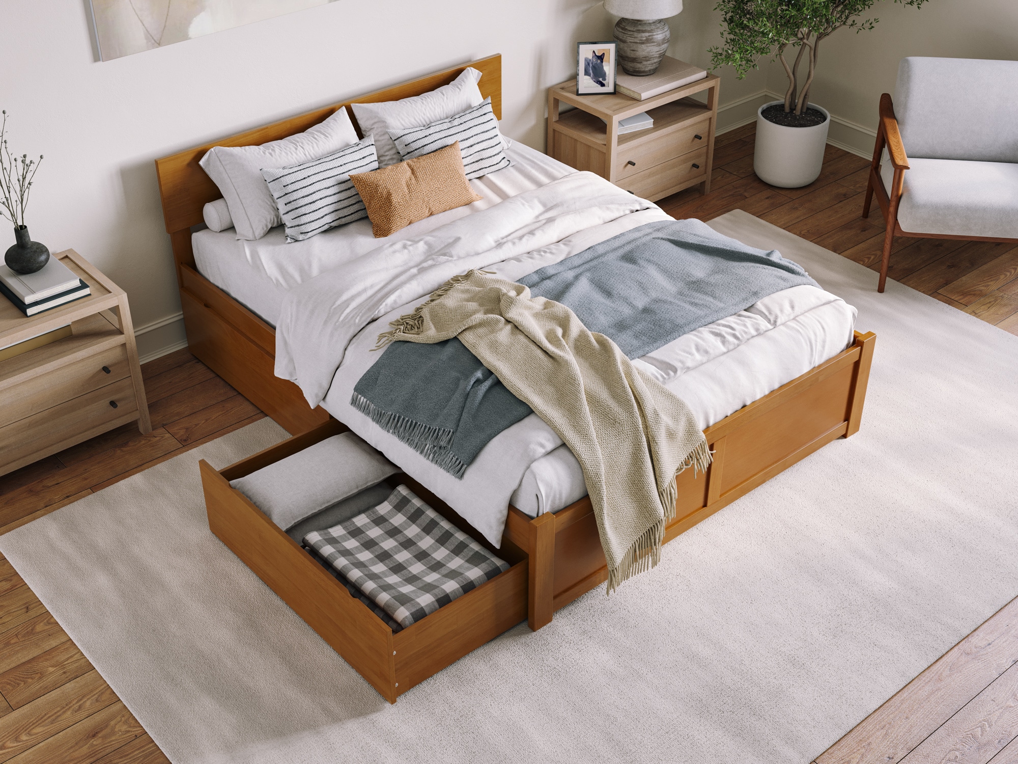 Light Toffee Queen Wood Platform Bed with Storage Drawers