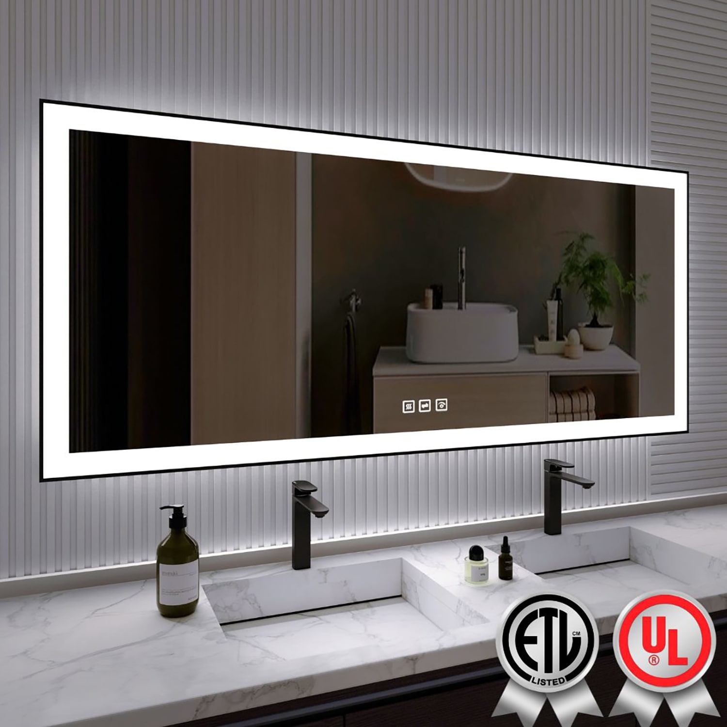 waterpar WPLO-2048 Backlit+Frontlit Aluminum 72-in x 32-in Framed Rectangle Dimmable Lighted Fog Free Bathroom Vanity Mirror ( Black )