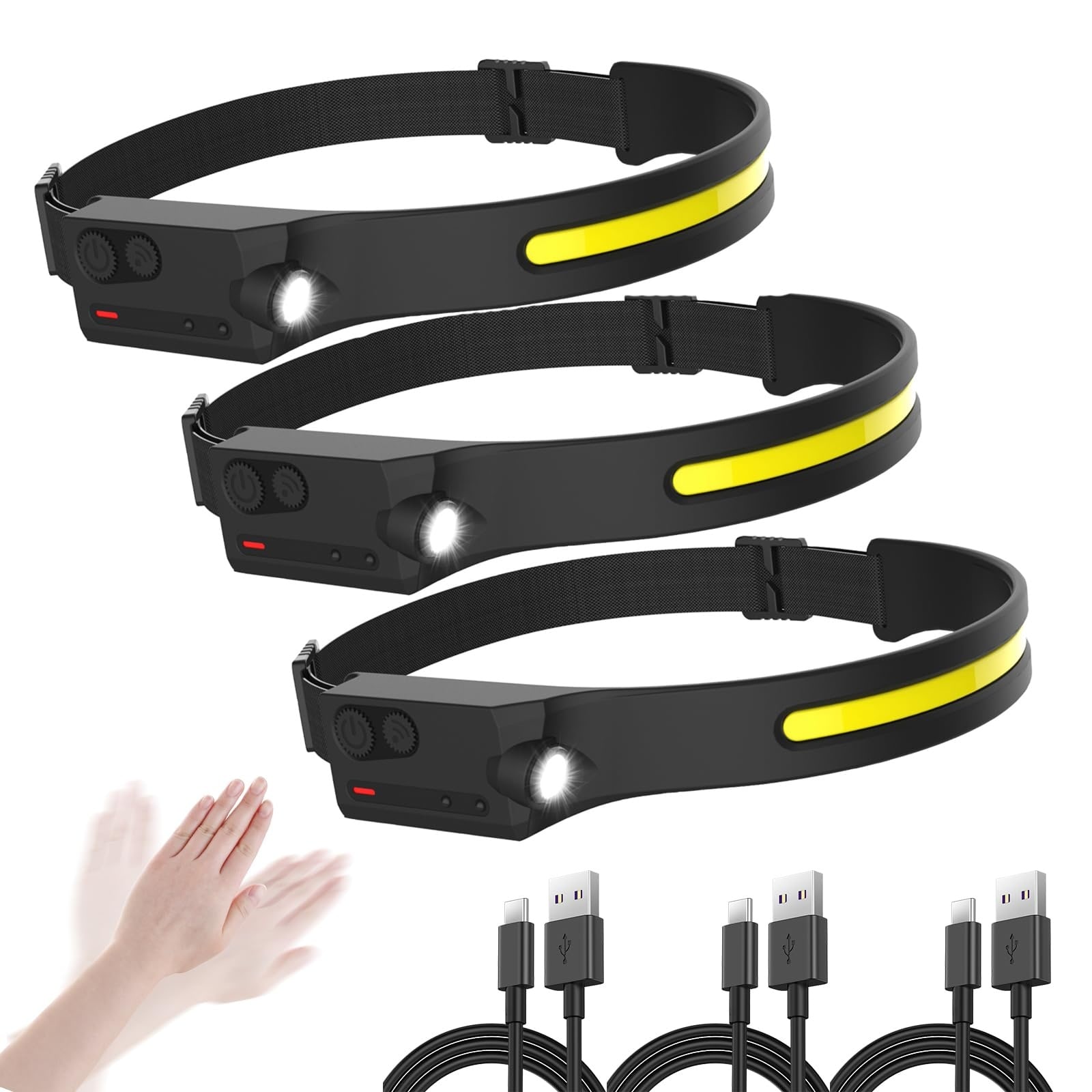 Vrbgify LED Headlamp Rechargeable Motion Sensor USB Head Lamp Wide 230 Degree Beam 5 Modes 350 Lumen Ultra Bright for Outdoor Camping Hiking Running Pack of 3 #LVG0427P42