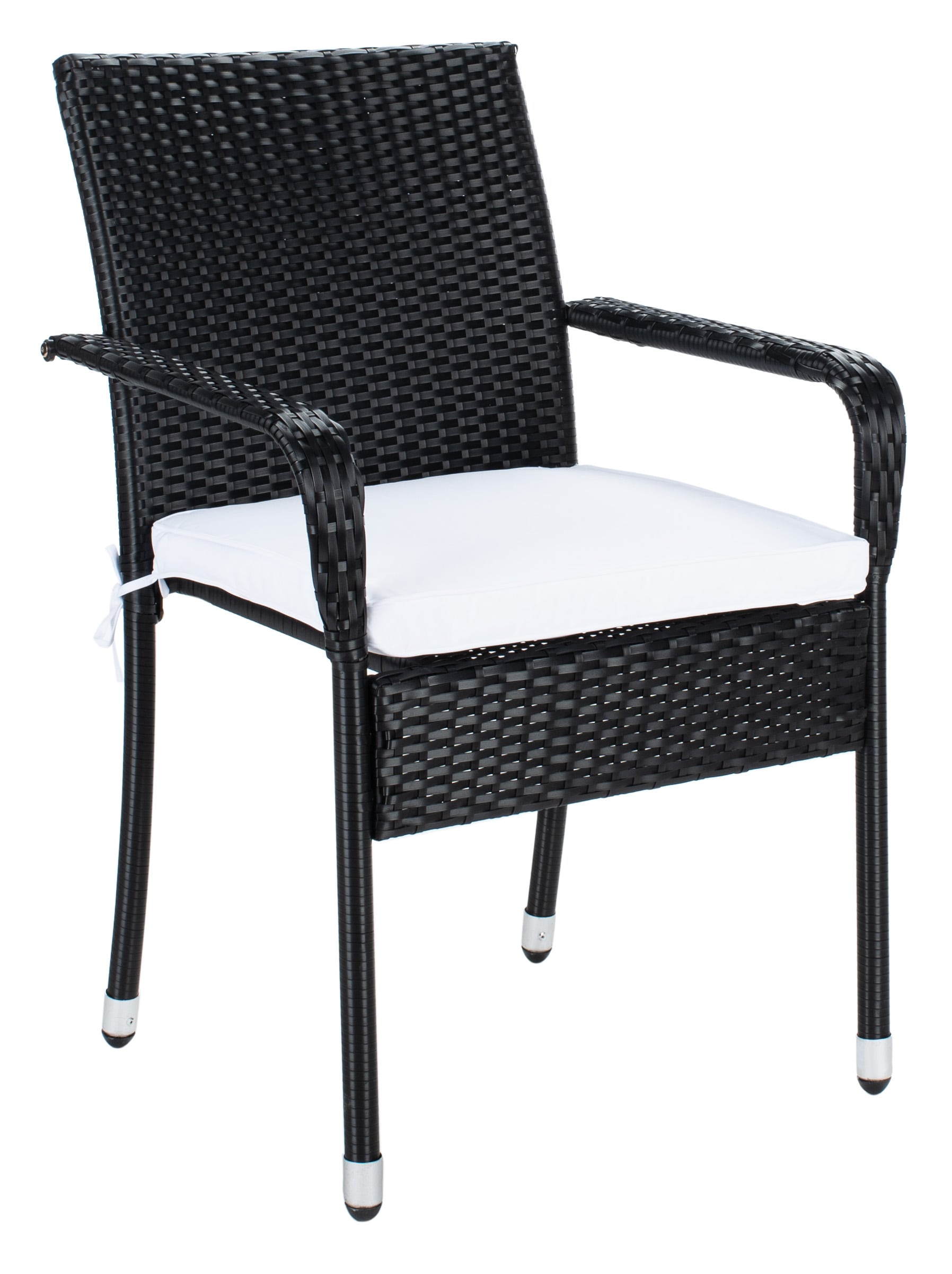 Safavieh PAT7718A Laban 3 -Piece Black Wicker Patio Dining Set Steel Square Table with 2 White Cushions Stationary Chairs