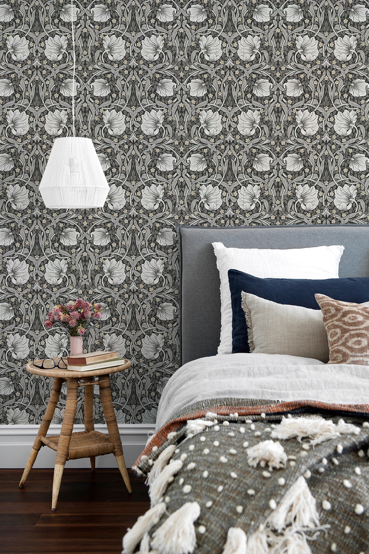 Charcoal and Pearl Grey Floral Peel and Stick Wallpaper