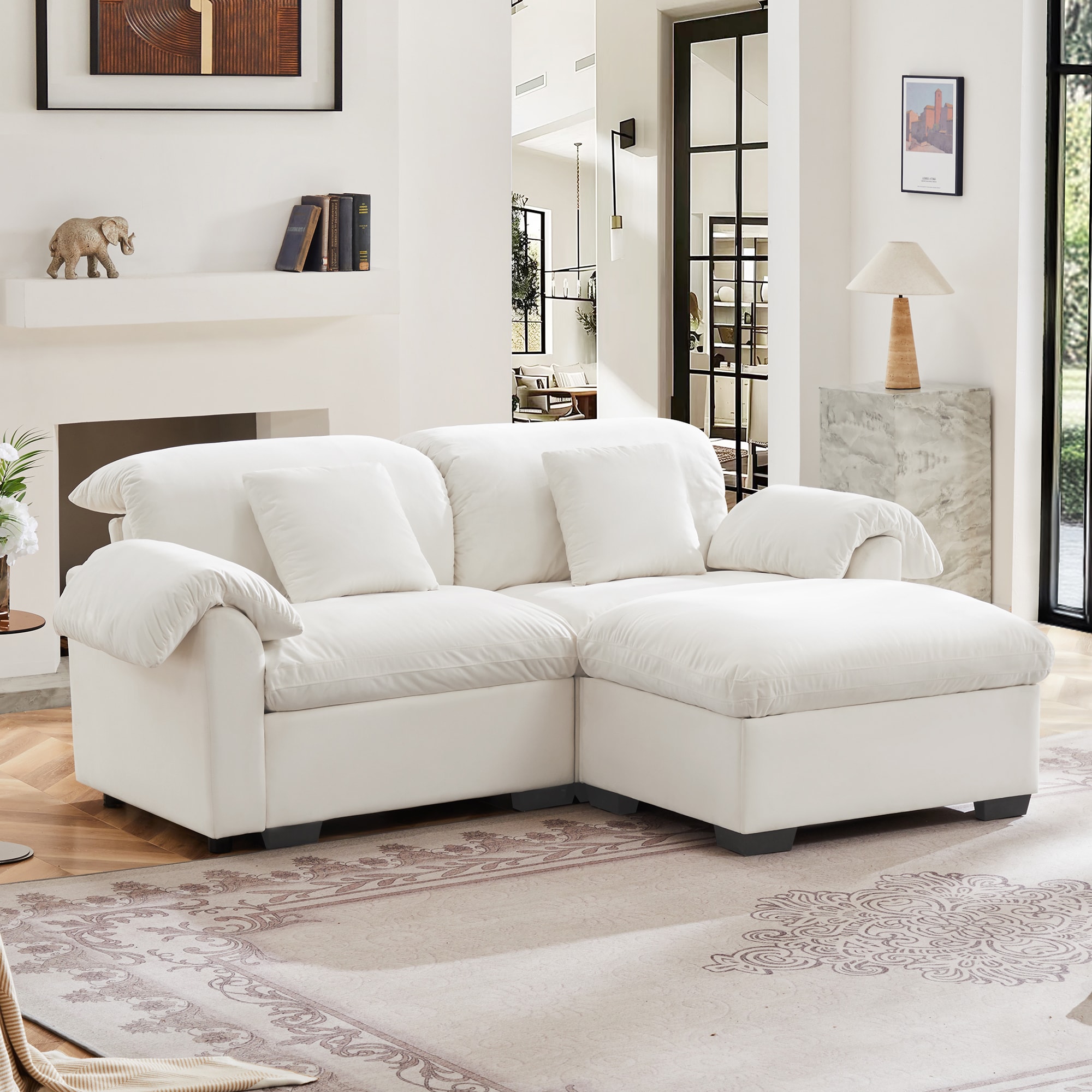 GDFStudio 323024 2 Seater Deep Seat Cloud Like Sectional Couch with Storage Reversible Ottoman