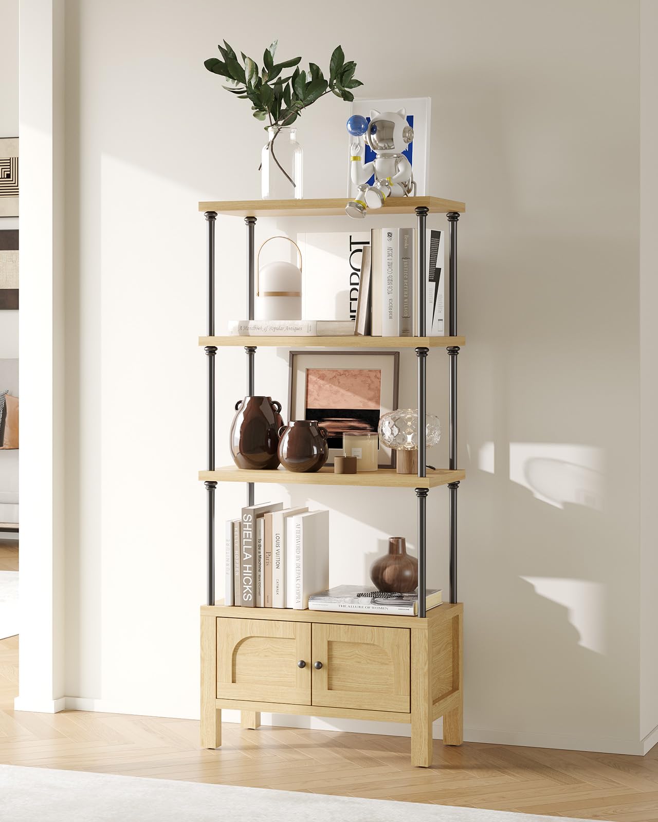 Fenbeli 4 Tier Wood Bookshelf with Doors and Storage Cabinet - Narrow Freestanding Bookcase for Living Room and Home Office