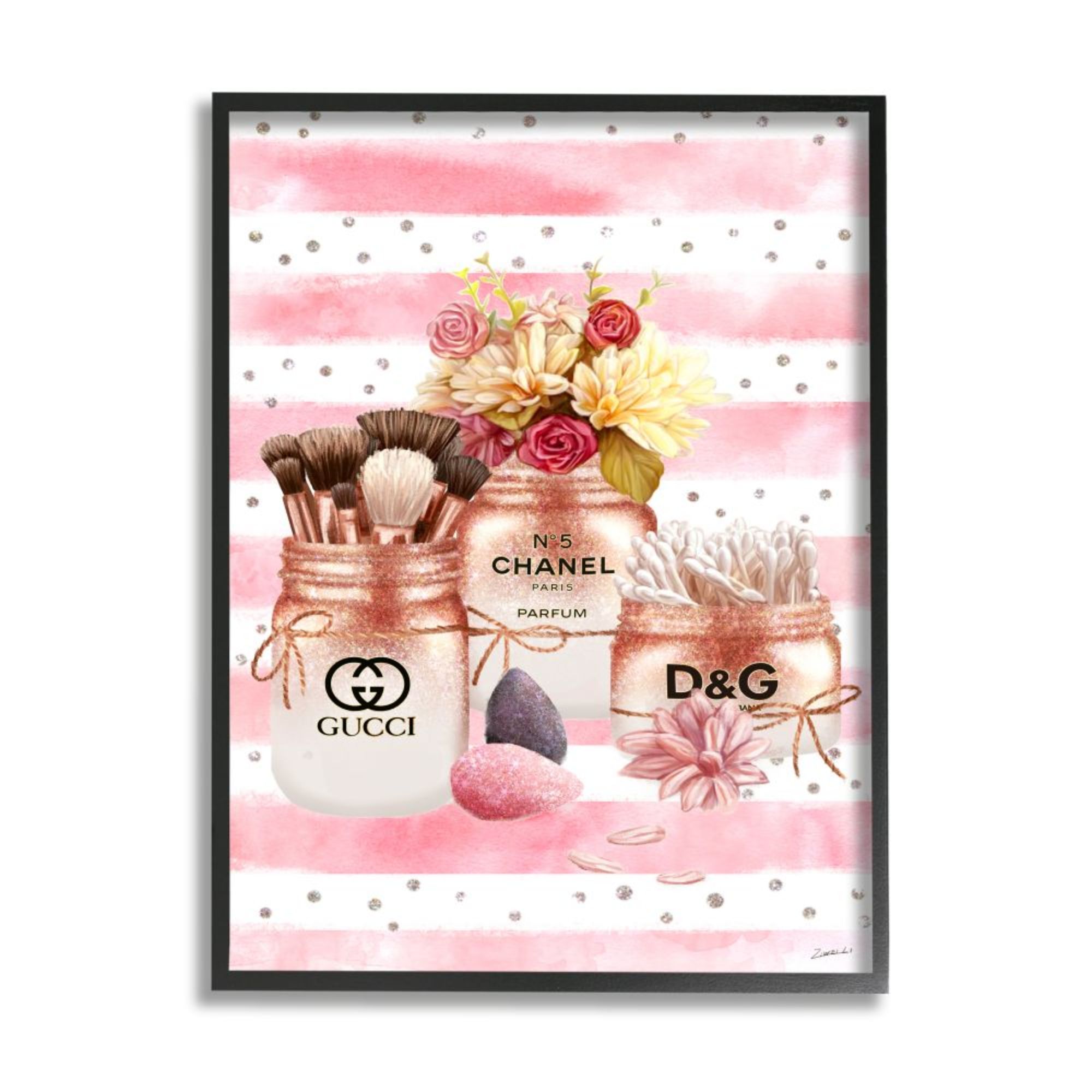 Stupell Industries AC-099-FR-11X14 Glam Floral and Fashion Jars Over Stripes Ziwei Li Framed 14-in H x 11-in W Figurative Print