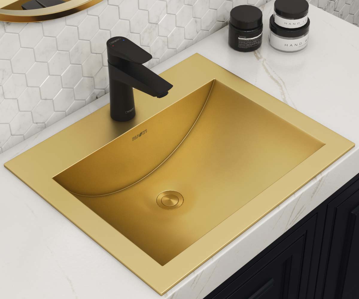 Ruvati RVH5110GG Ariaso Stainless steel Drop-in Rectangular Modern Brushed Gold Brass Tone Bathroom Sink with Drain Included ( 21-Inches x 17-Inches )