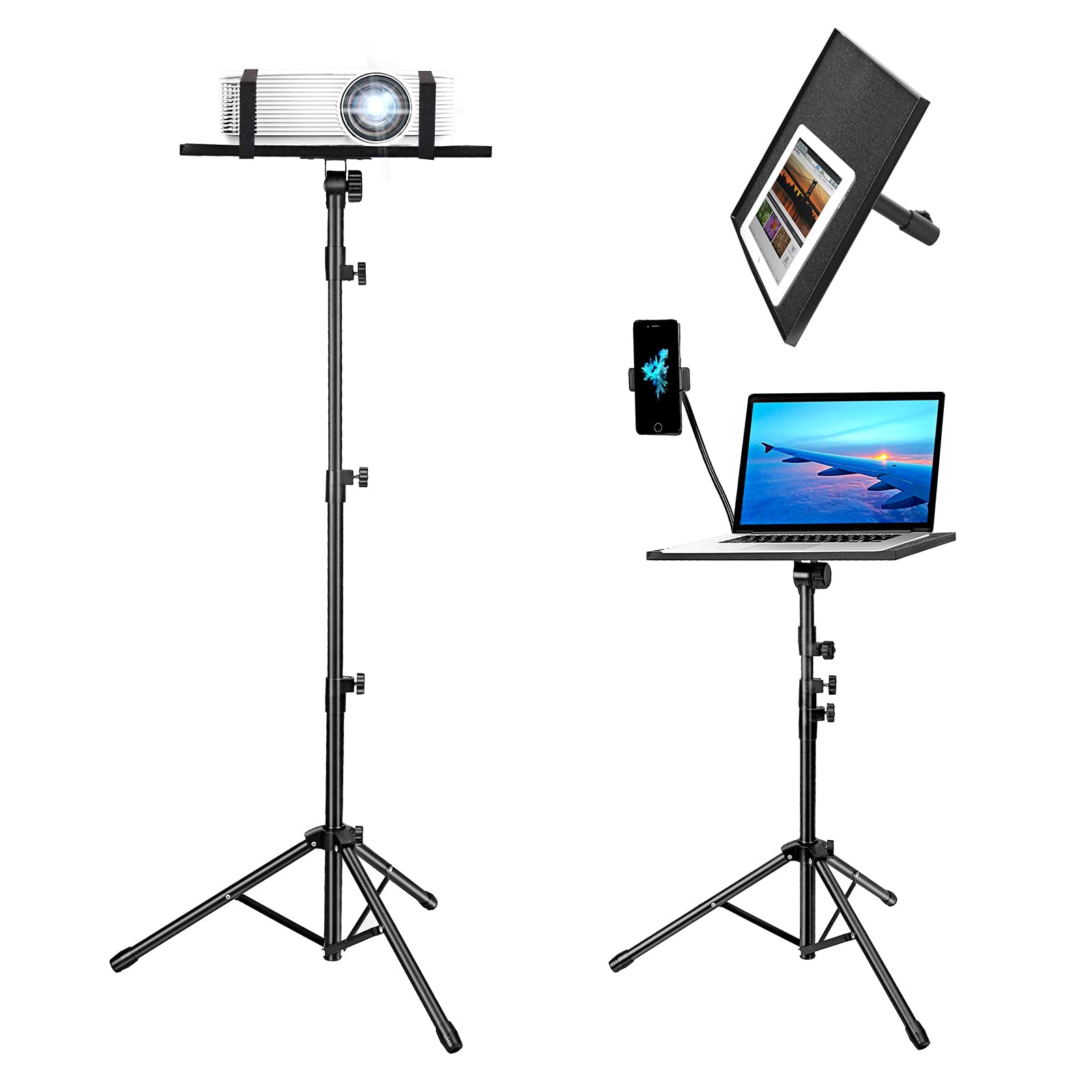 Afoxsos  Laptop Projector Tripod Stand Universal Portable Floor Holder Mount Adjustable Height 25 to 48 Inch with Tray and Gooseneck Phone Holder