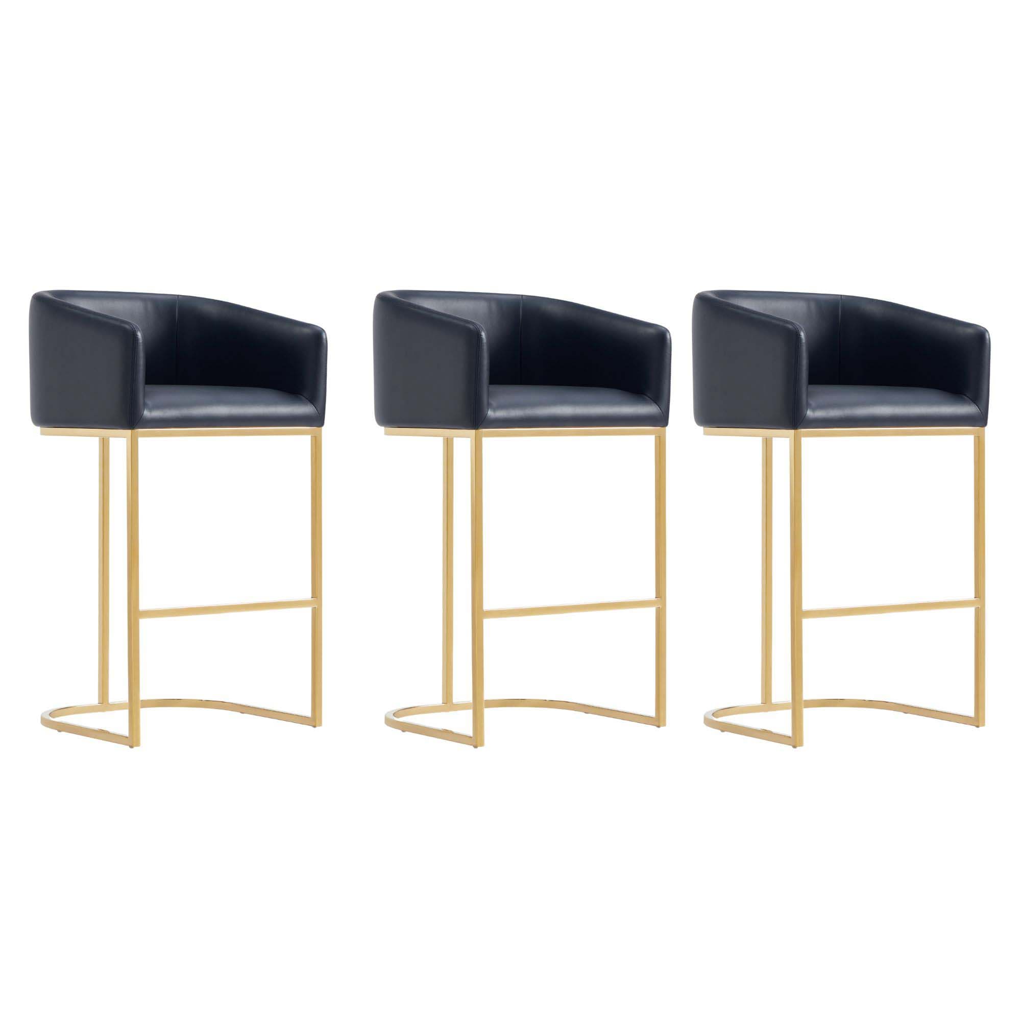 Set of 3 Black Leather and Gold Metal Barstools