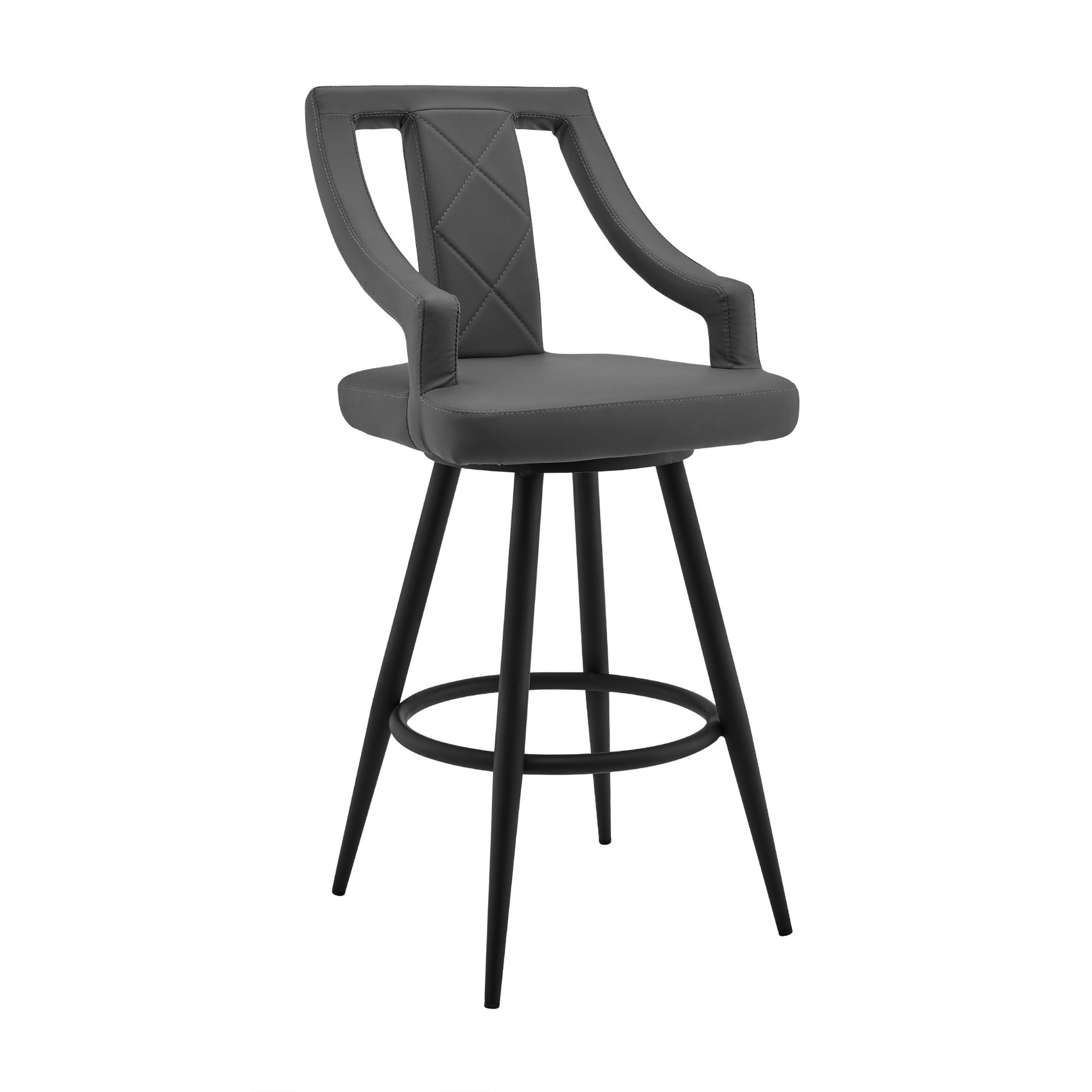HomeRoots 4000476983 Gray 29.0-Inches H Bar height Round seat Upholstered Swivel Metal Bar Stool with Arms and Back