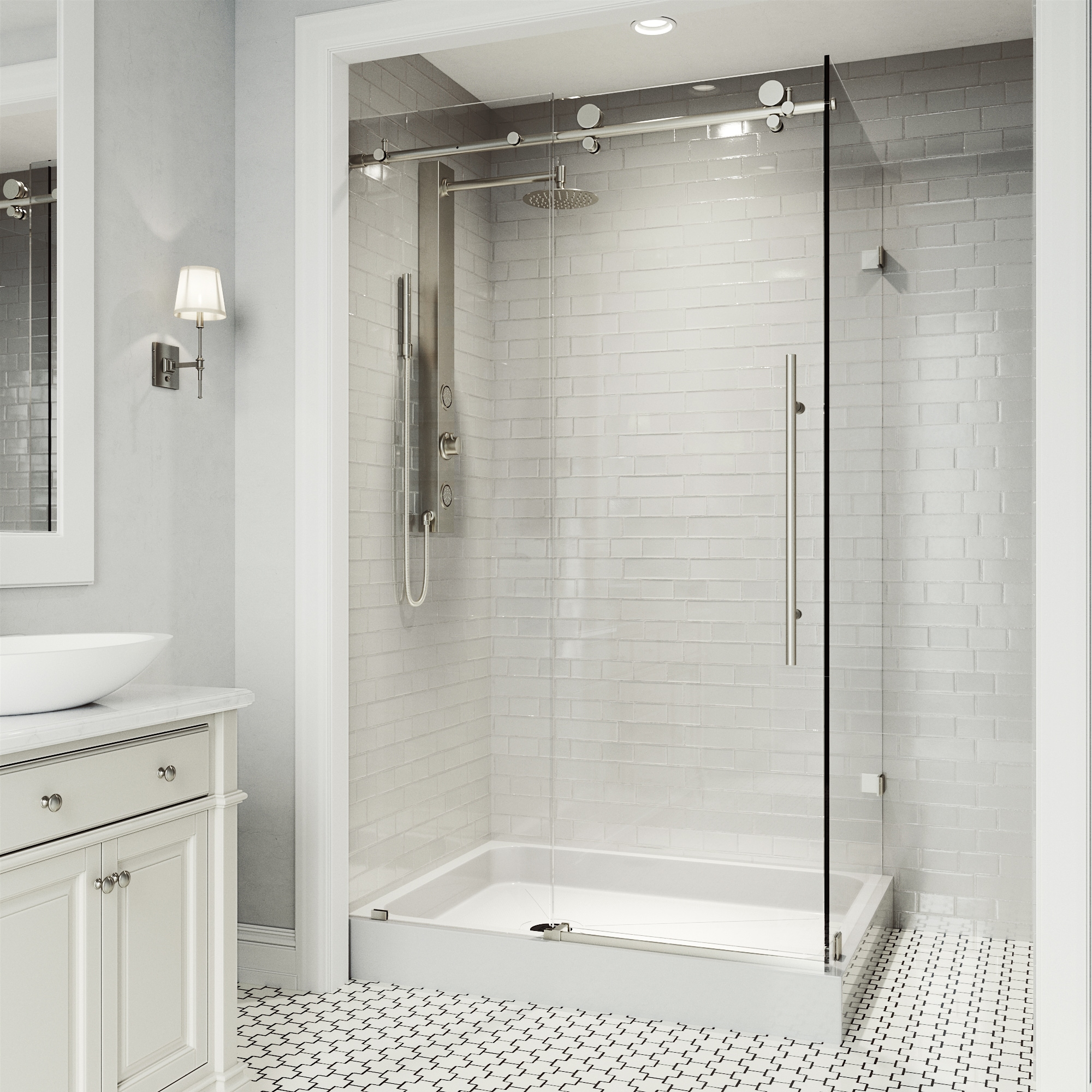 VIGO VG6053STCL48WL Elan E-Class 2 -Piece 48-in W x 36-in L x 82-in H Rectangular Corner shower kit ( Left Drain) Base and Door Included Brushed stainless steel Hardware Included