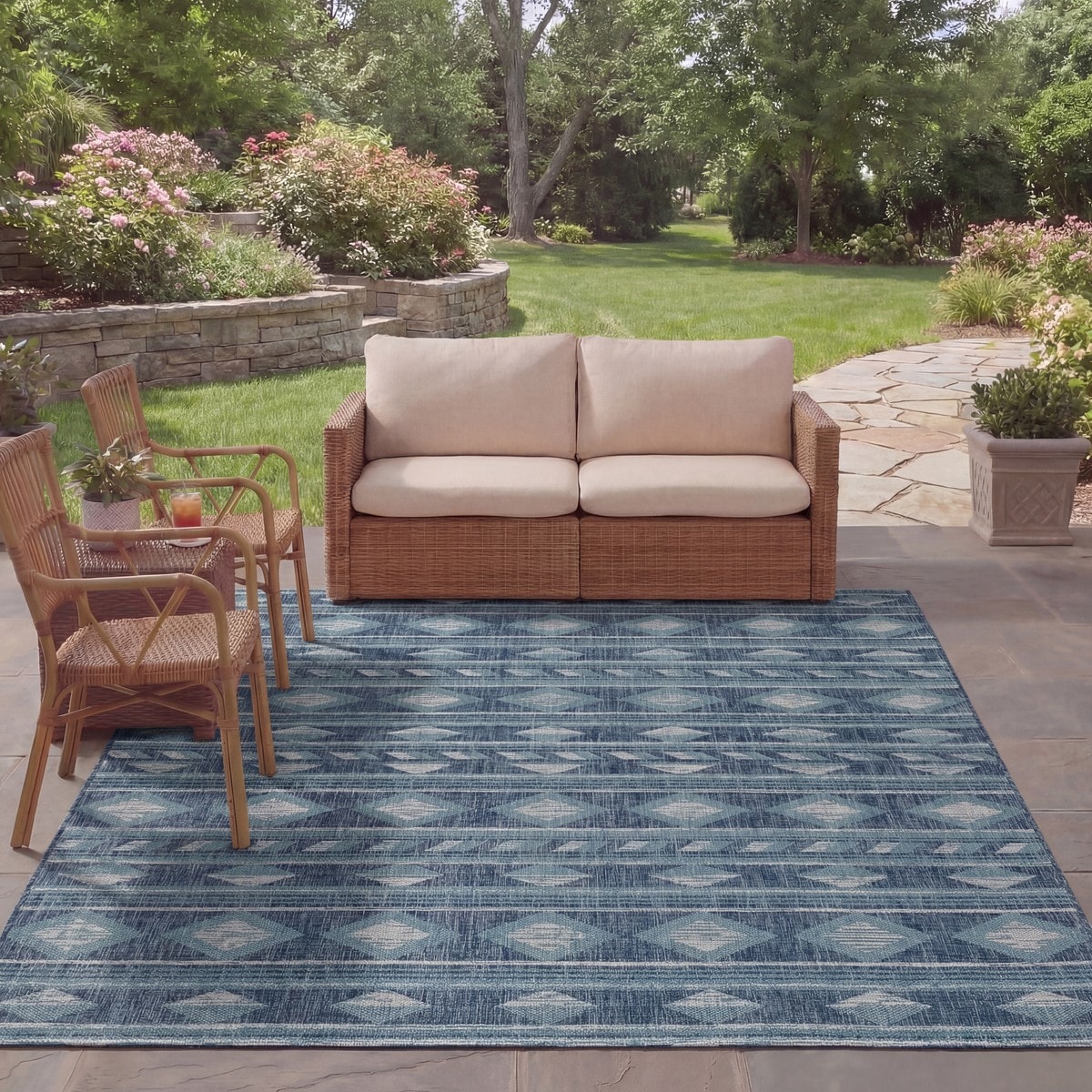 Safavieh - Courtyard Arbus 6.6-ft x 6.6-ft Loomed Polypropylene Navy/Aqua Square Indoor, Outdoor ...