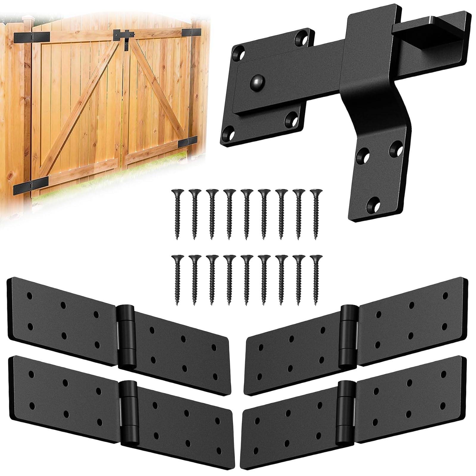 JVFCXXV  Heavy Duty Fence Gate Hinge and Latch Set Four Piece Gate Hardware Kit for Wood Gates with Adjustable Latch and Black Powder Coated