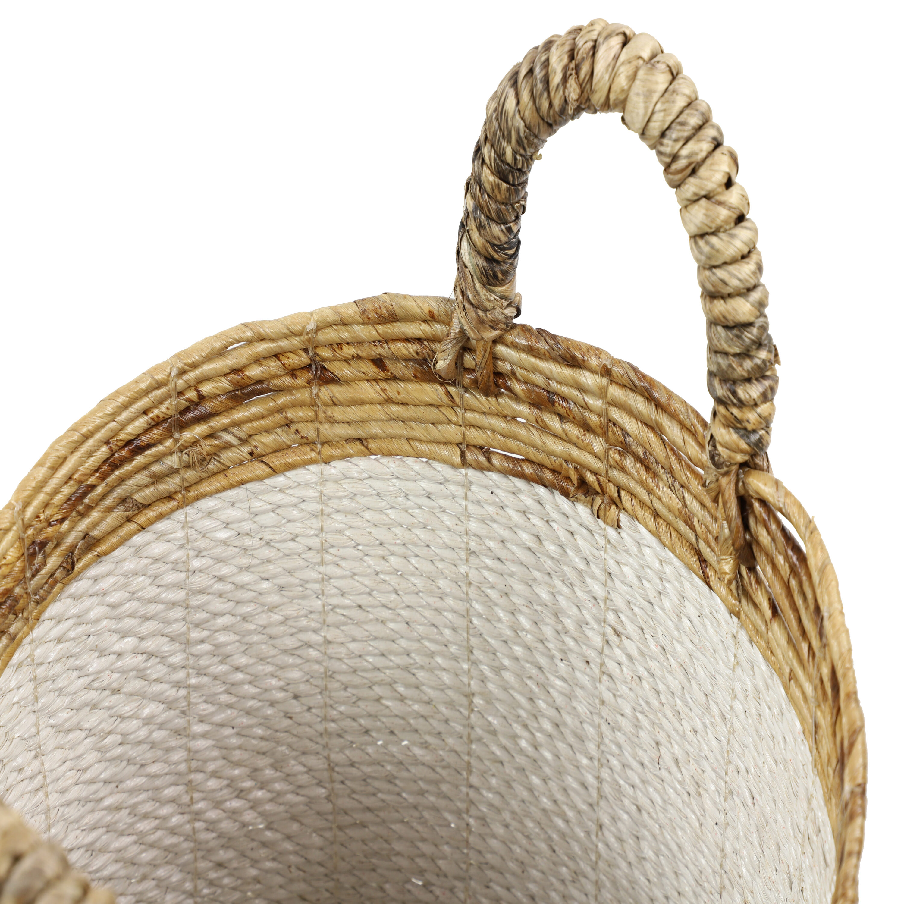 Handwoven White and Natural Seagrass Round Storage Baskets, Set of 3