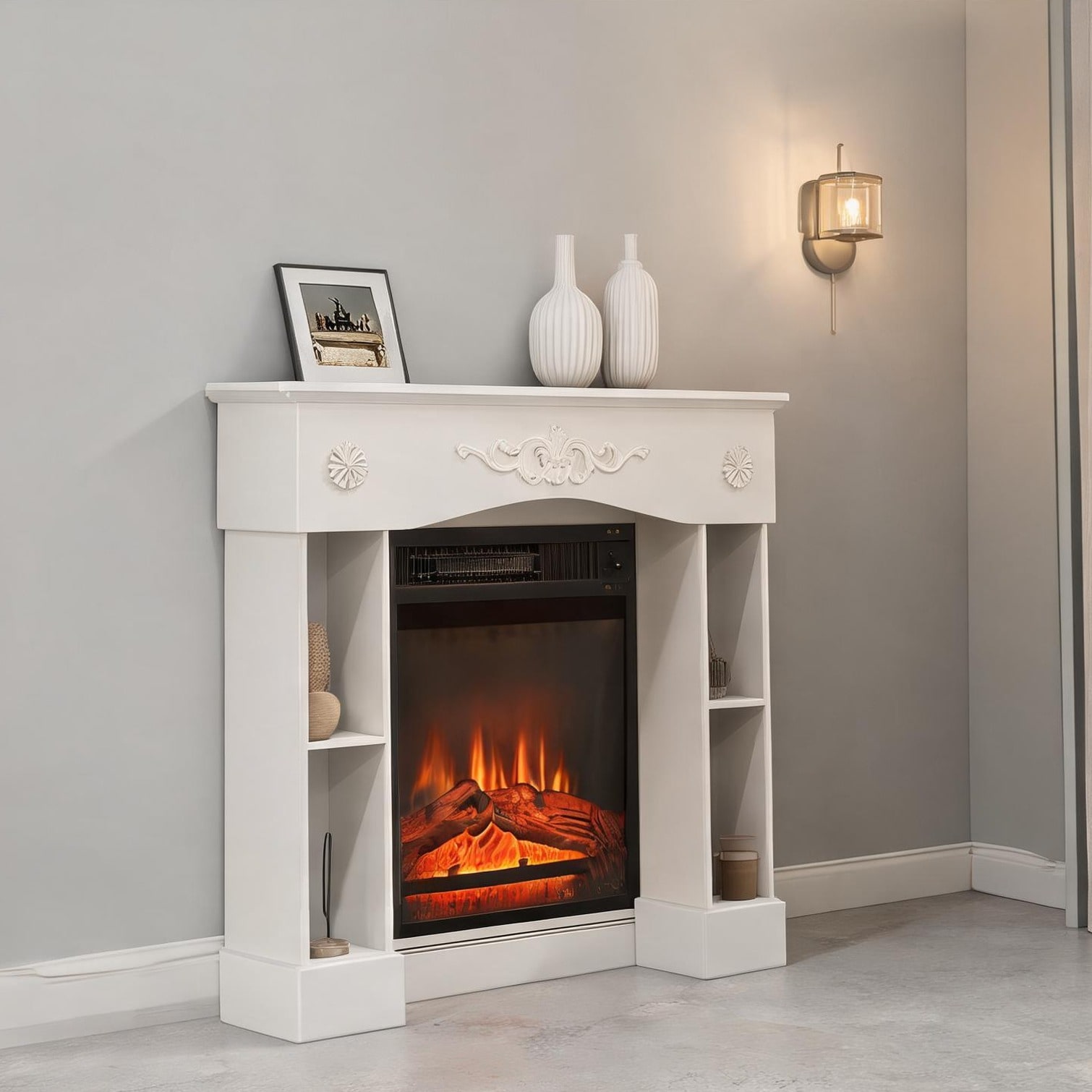 SunJet Classic white MDF and fir wood freestanding fireplace surround with elegant Baroque style for electric fireplaces in living rooms