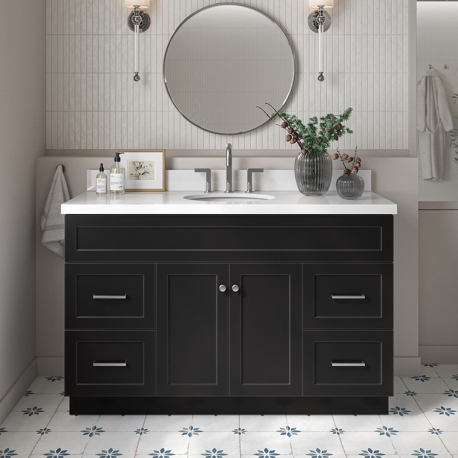 ARIEL F055SWQOVOBLK Hamlet 54-in Black Undermount Single sink Bathroom Vanity with Pure White Quartz Quartz Top