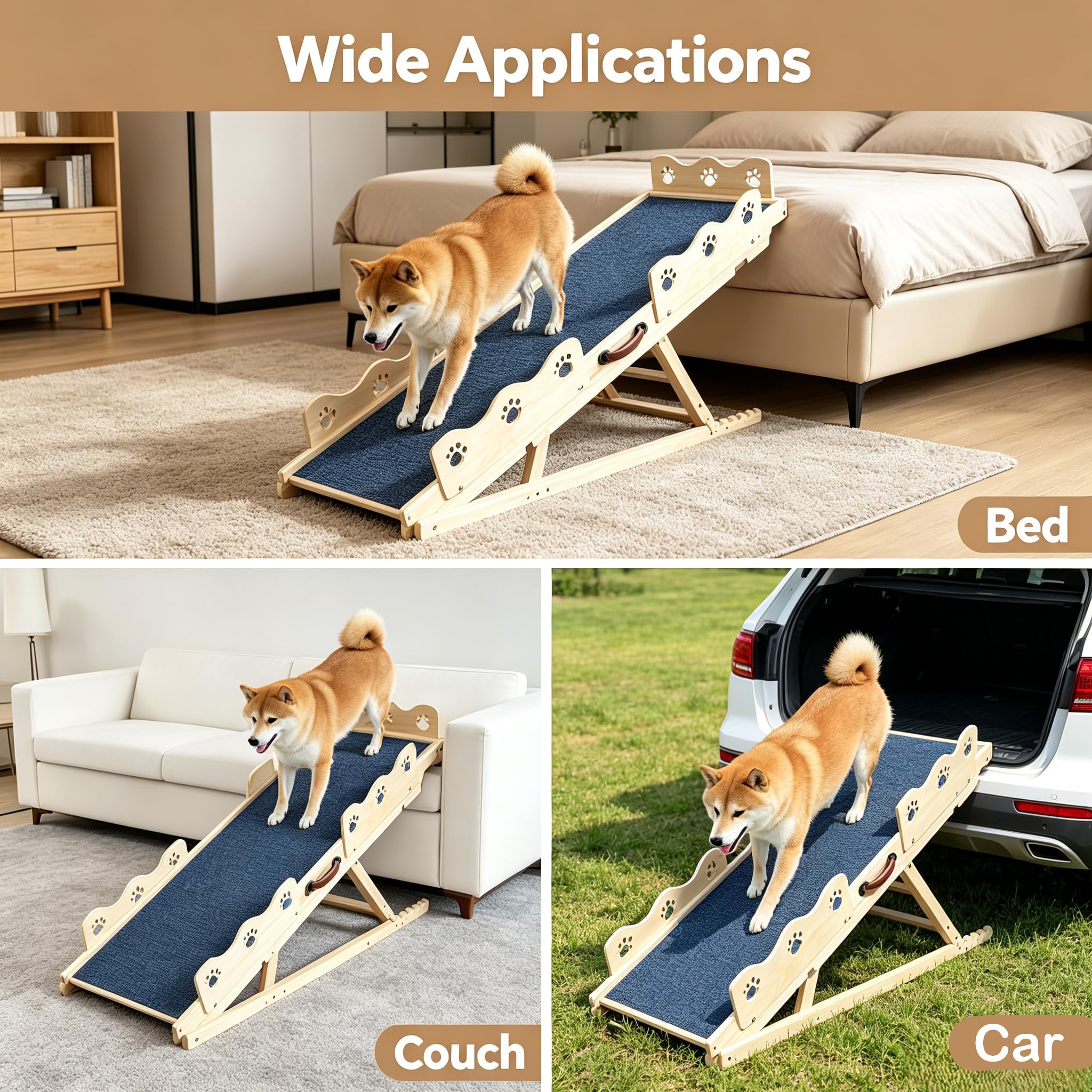 IdealHouse 45in Adjustable Wooden Dog Ramp 5 Height Levels Anti-Slip ...