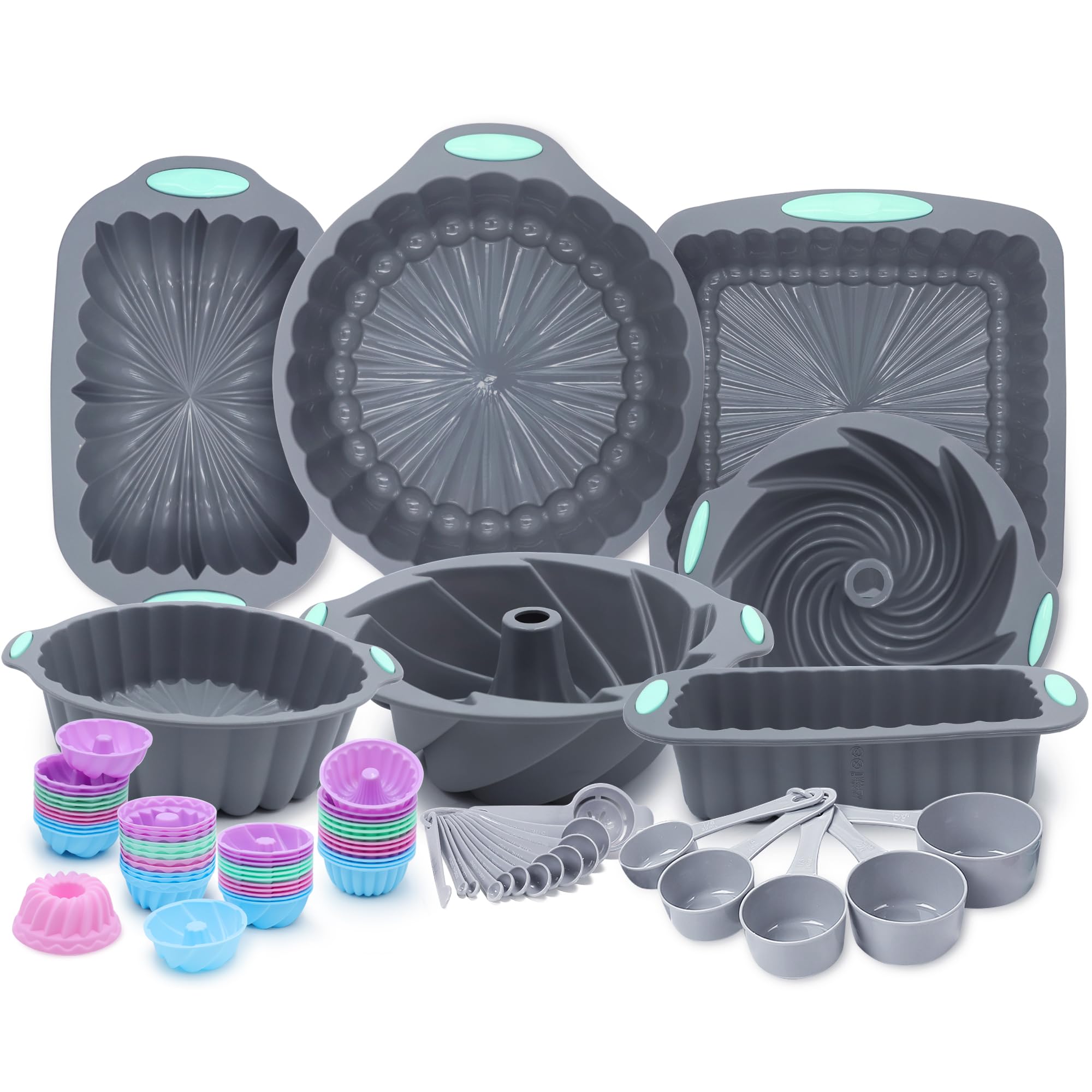 DHMHD  72 Piece Silicone Bakeware Set Nonstick Baking Pans for Kitchen with Cake Pans Loaf Pans Baking Cups Measuring Cups and Spoons Grey