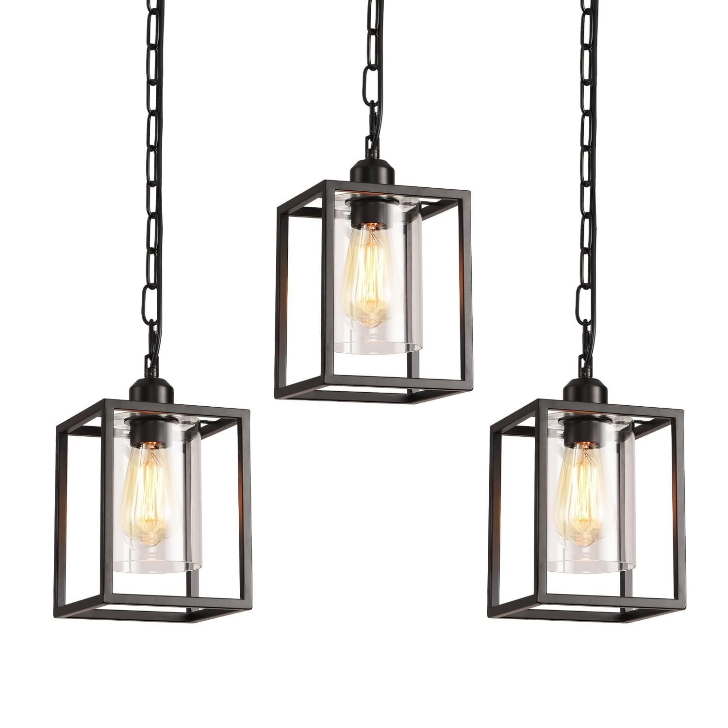 Anqtovp  3 Pack Farmhouse Pendant Light Black Metal Frame Hanging Light Fixture with Clear Glass Shade Adjustable Chains Industrial Mini Pendant