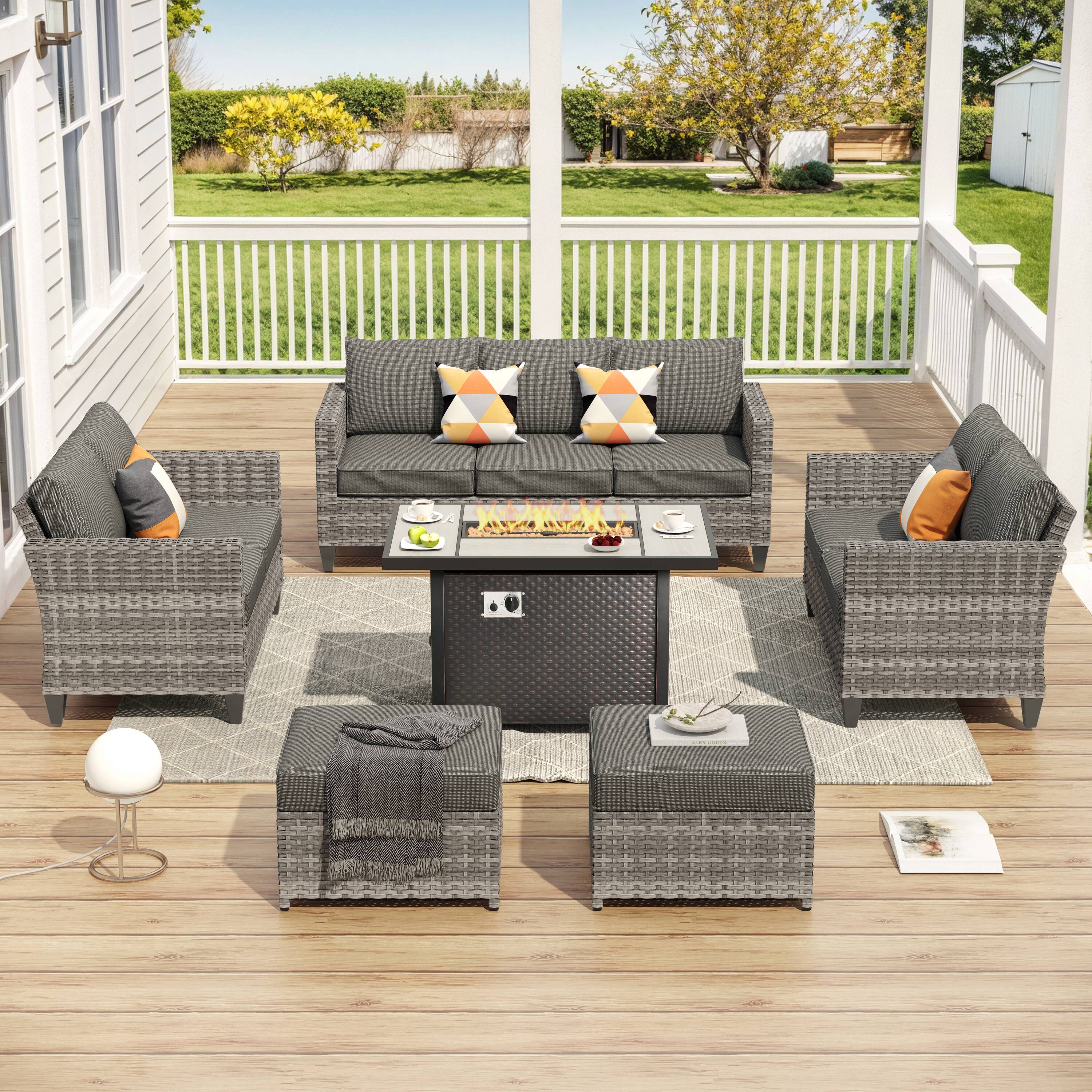Pouuin SDFPVYZBS109 6 -Piece Wicker Patio Sofa Conversation Set with Black Cushions