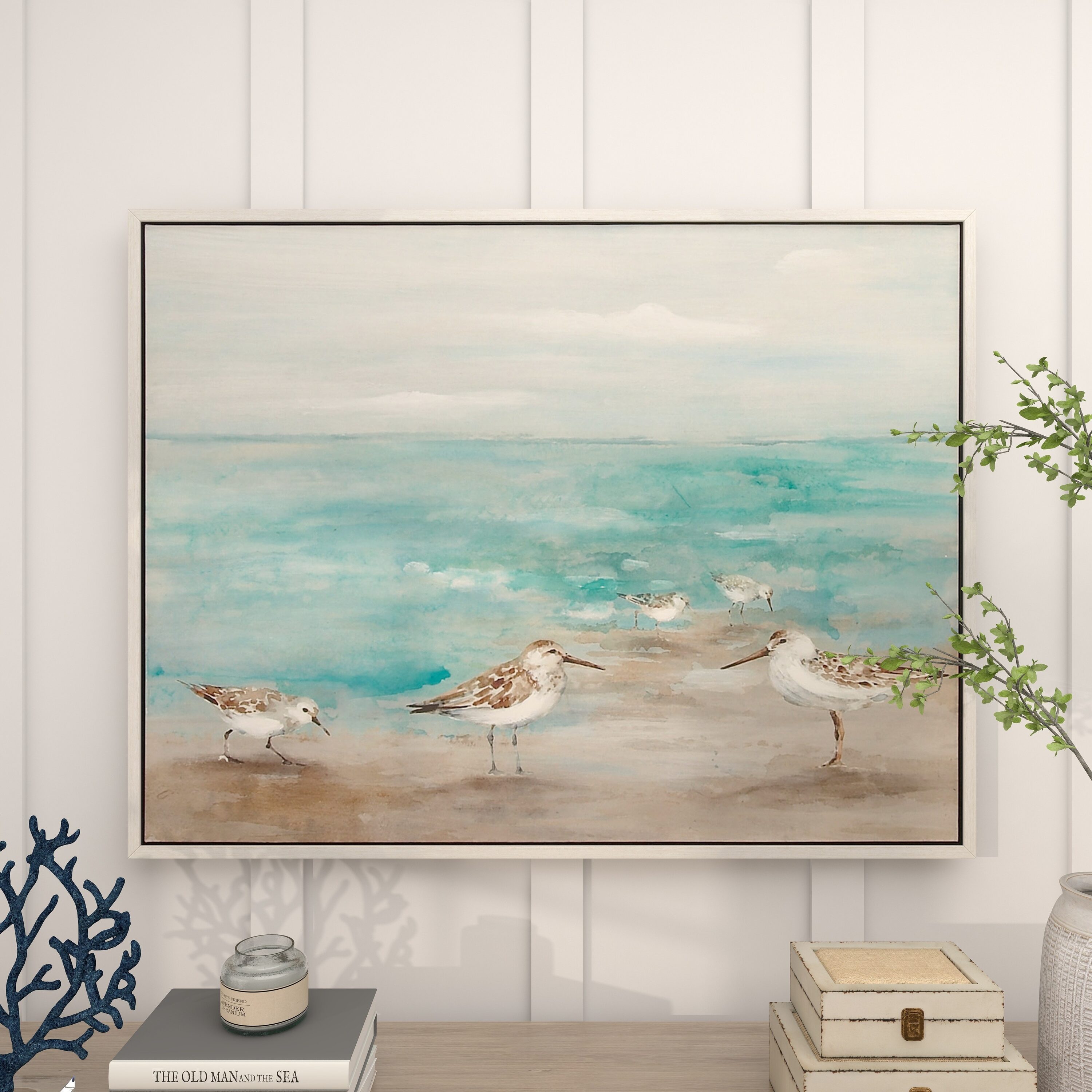 White and Blue Coastal Bird Canvas Framed Wall Art