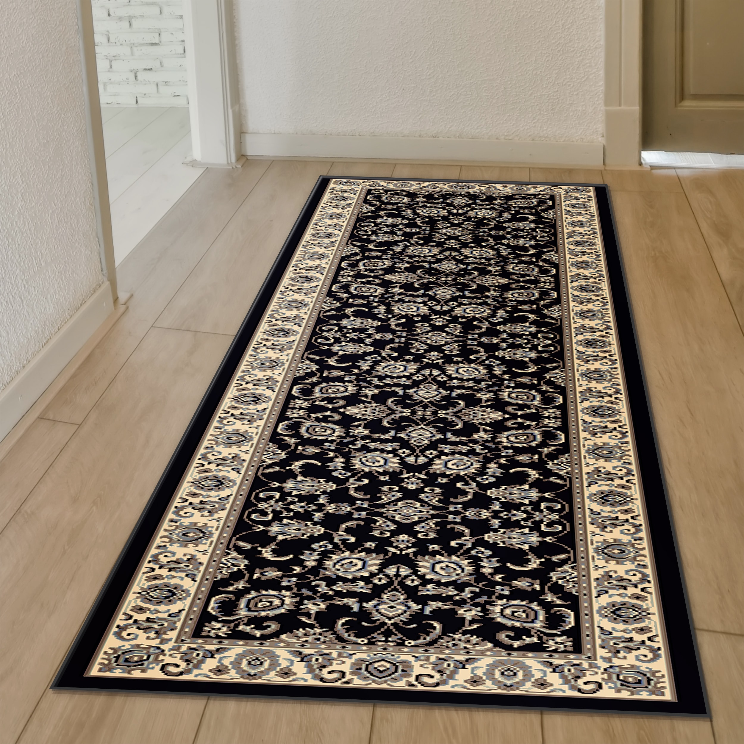 Radici USA 1426/0014/BLACK Alba 2 x 8 (ft) Polypropylene Black Rectangular Indoor Floral/Botanical Oriental Runner rug