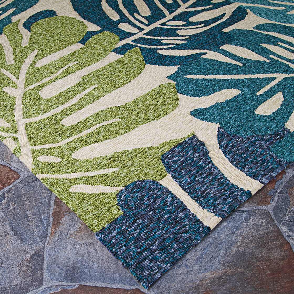 Handmade Round Blue and Green Floral Synthetic Rug