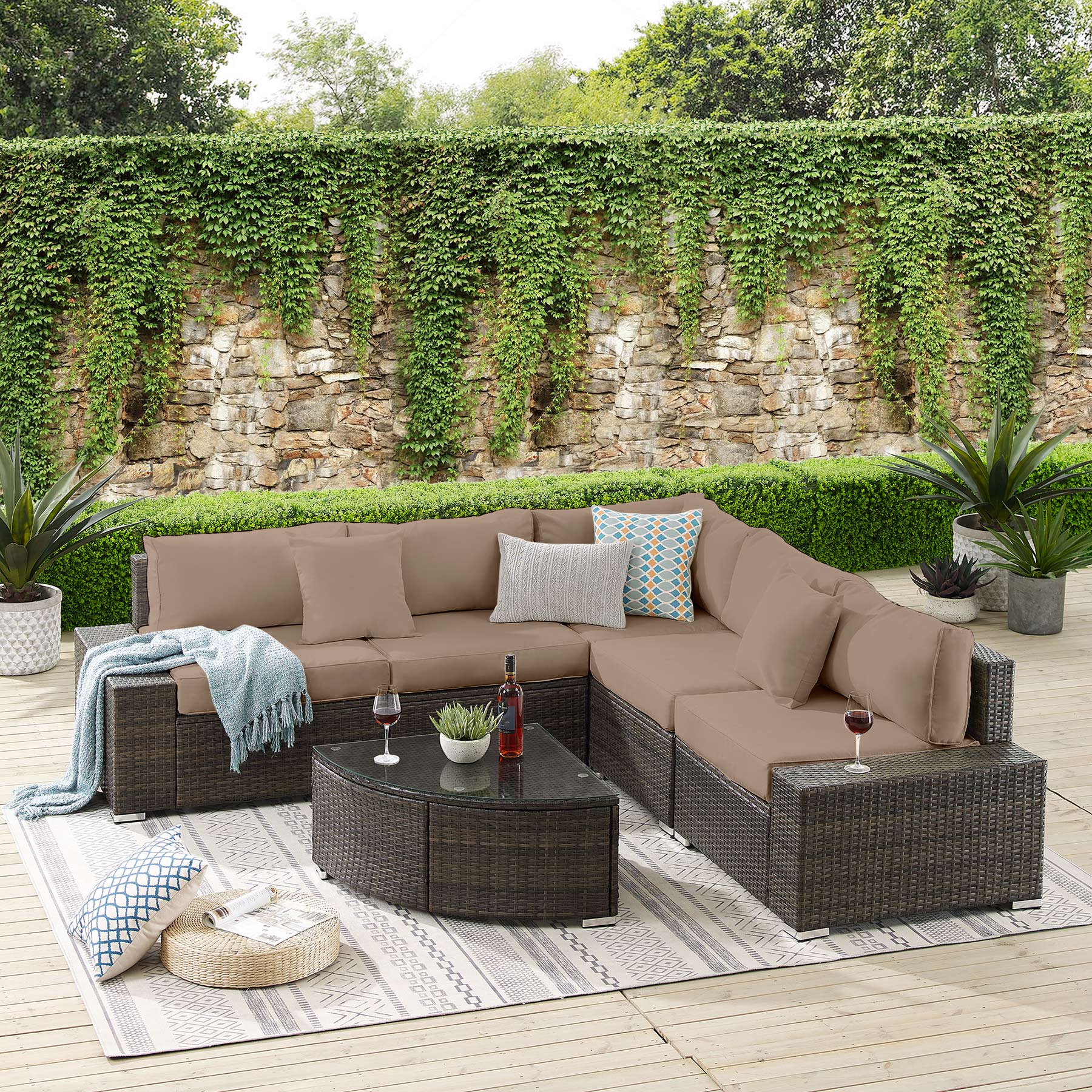 Tribesigns Hoxk6-bnbn Wicker Outdoor Sectional With Brown Cushion(S ...