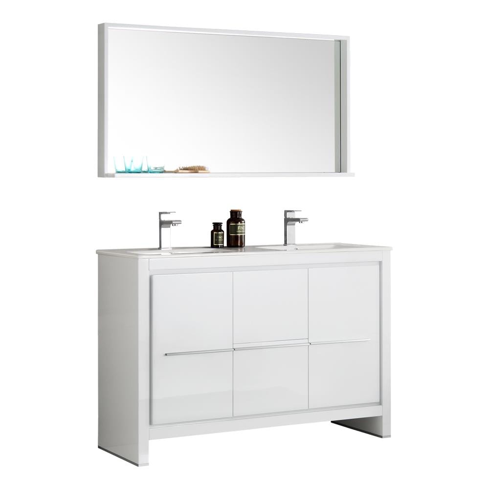 Fresca FVN8148WH-D Allier 48-in White Double sink Bathroom Vanity with White Ceramic Top (Mirror Included)