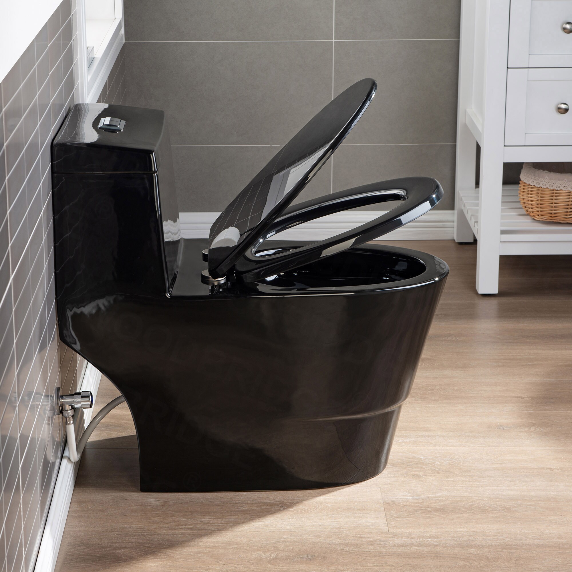 Woodbridge Bering Black Toilet with Chrome Button Dual Flush Elongated ...