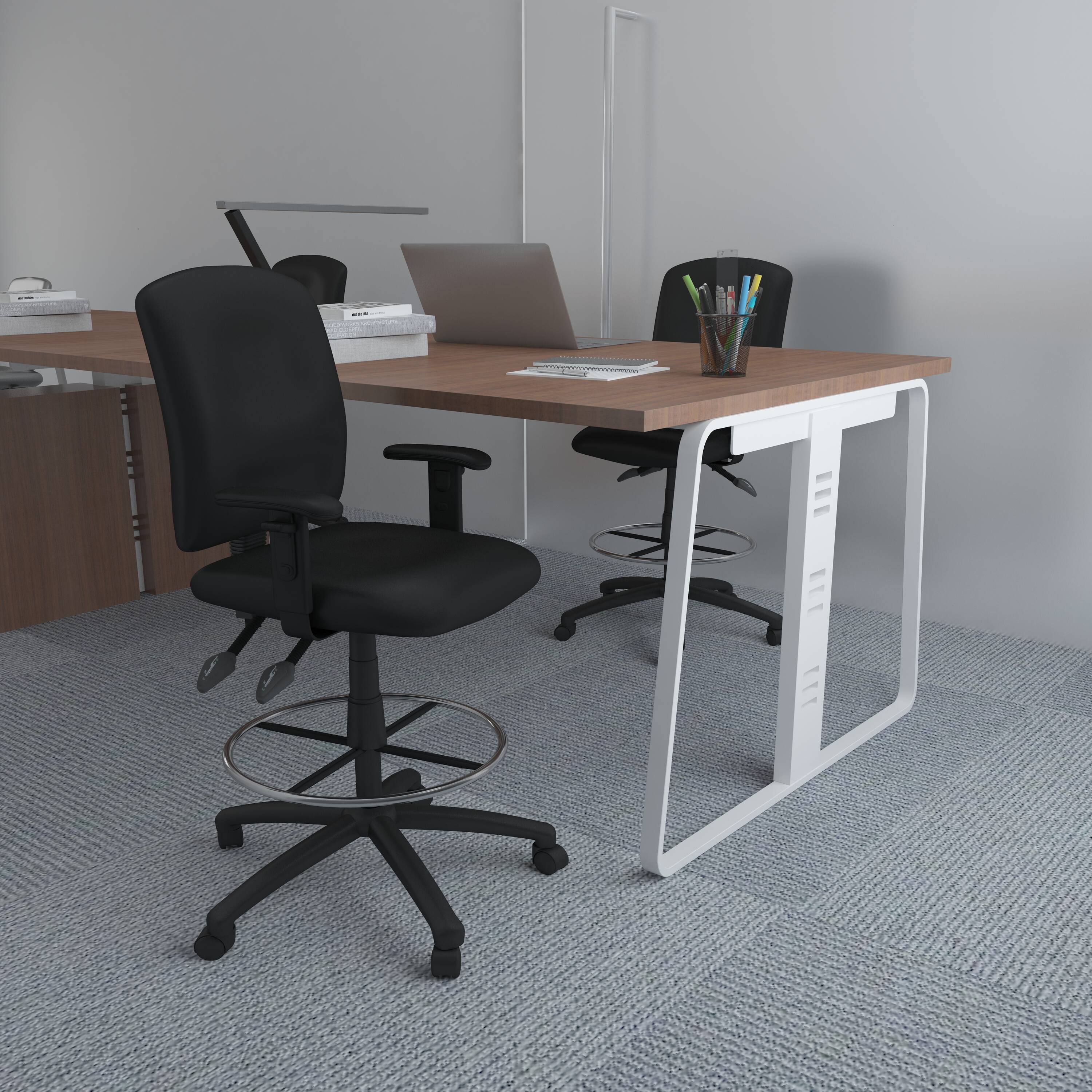 Adjustable Black LeatherPlus Drafting Chair with Swivel & Chrome Footring