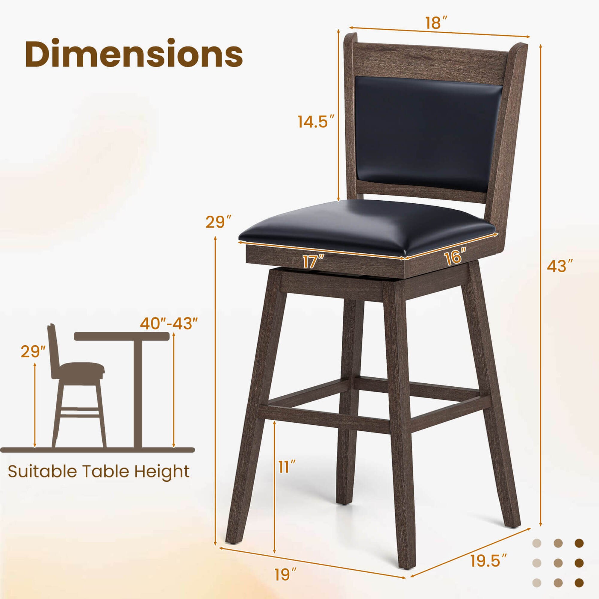 Costway Black Light Gray 43-in H Tall Upholstered Swivel Wood Bar Stool ...
