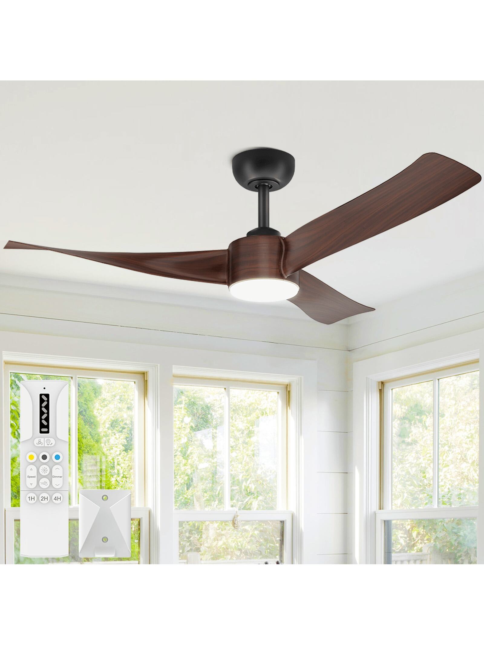 Qeetex PHO-13LKADDW-HF4 Walnut 52 Inch Ceiling Fan with 3CCT Dimmable Light. Low Profile Ceiling Fan with Remote Control. 6 Speeds Reversible. Noiseless. Suitable for Indoor. Outdoor. Kitchen. Living Room. Farmhouse