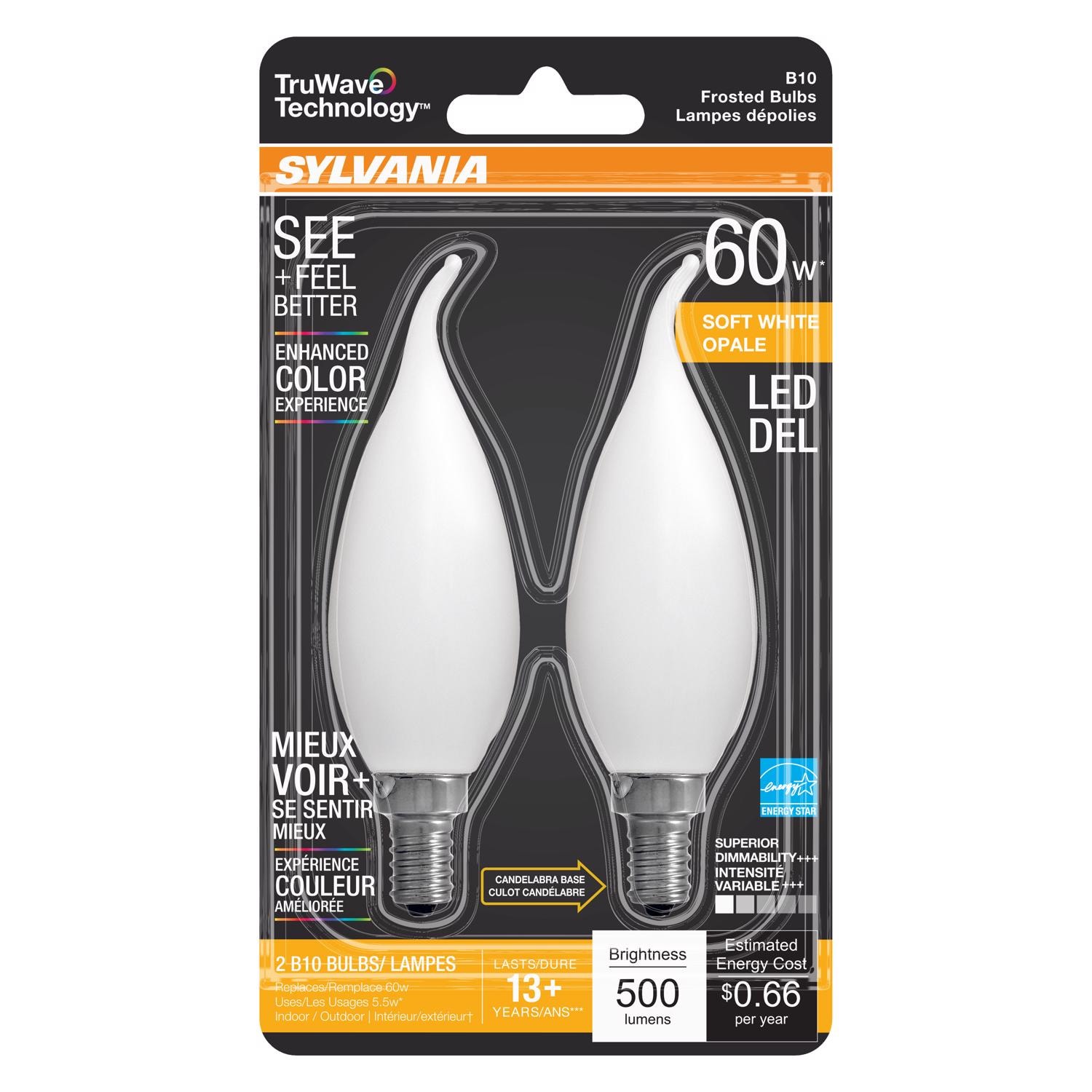 SYLVANIA  TruWave B10 E12 (Candelabra) LED Bulb Soft White 60 Watt Equivalence 2 pk
