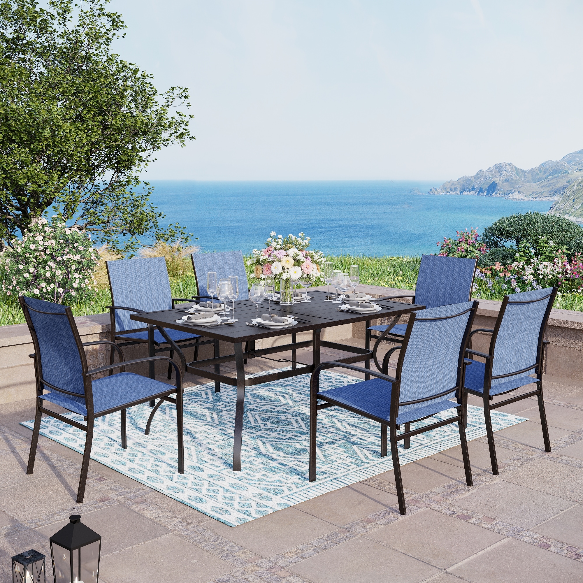 Sunshine Valley Outdoor Table and Chairs 7 -Piece Black Patio Dining Set Steel Rectangle Table with 6 Blue Stationary Chairs #TC7-154B-4