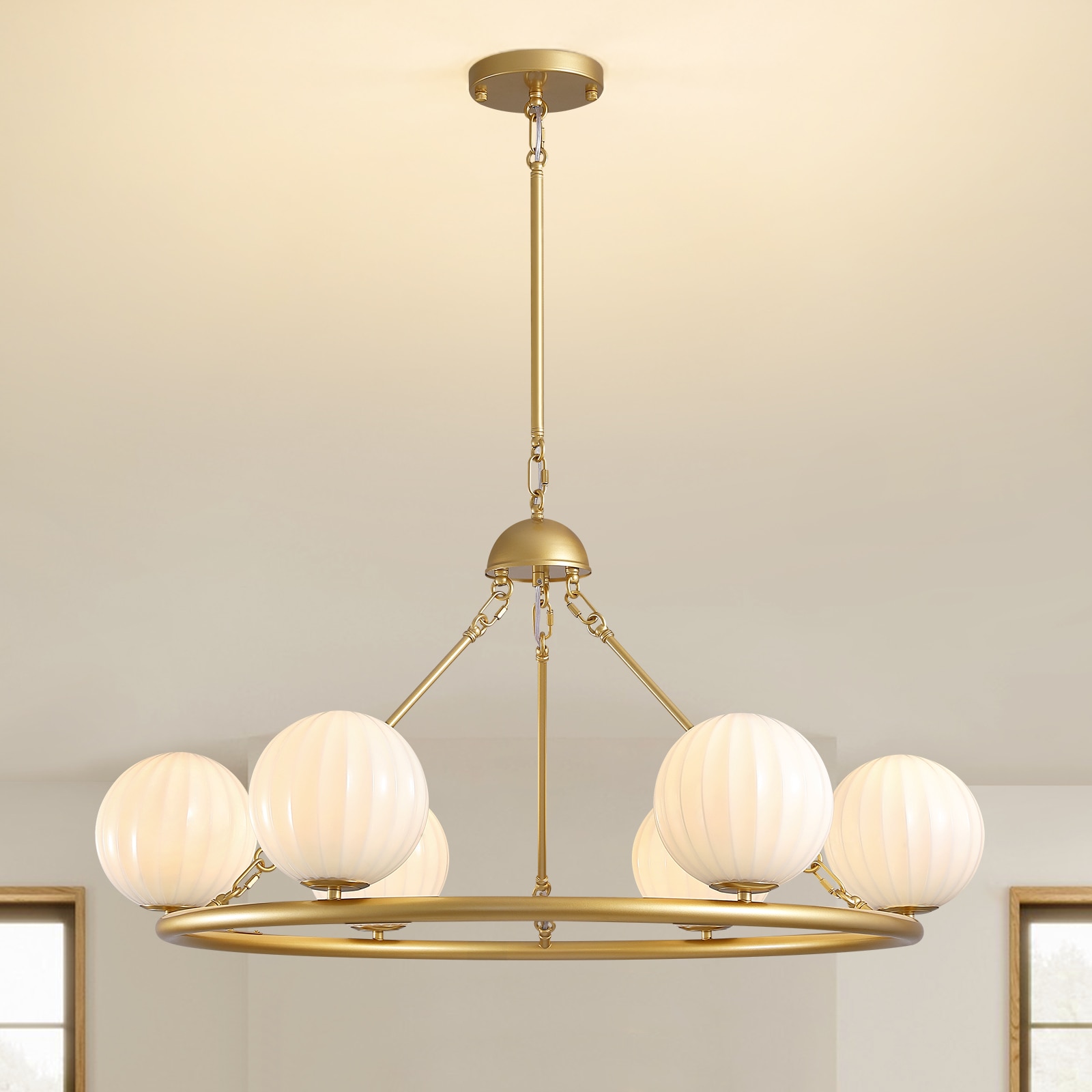 WDETR  39in 6 Light Round Chandelier with Satin Etched Cased Opal Glass  Gold