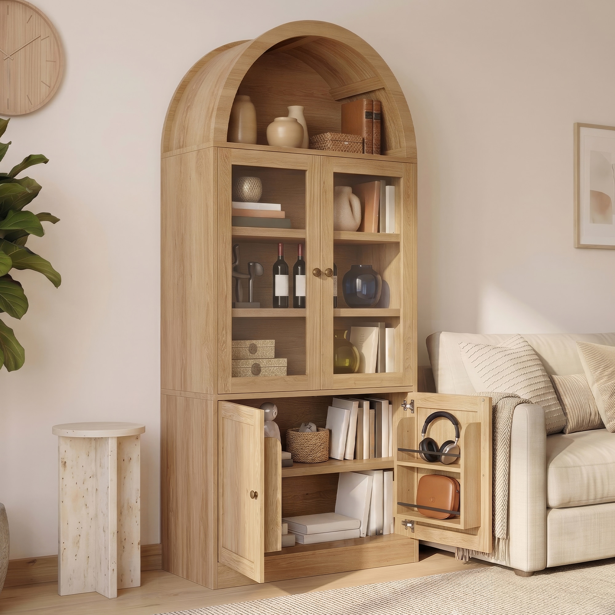 ModernLuxe Assembly Required Tall Arched Top Storage Cabinet with Tempered Glass Doors 5Tier Shelves Soft Close Hinges Door Organizer Freestanding DisplayStorage Cabinet for BathroomLiving RoomDiningStudy Natural
