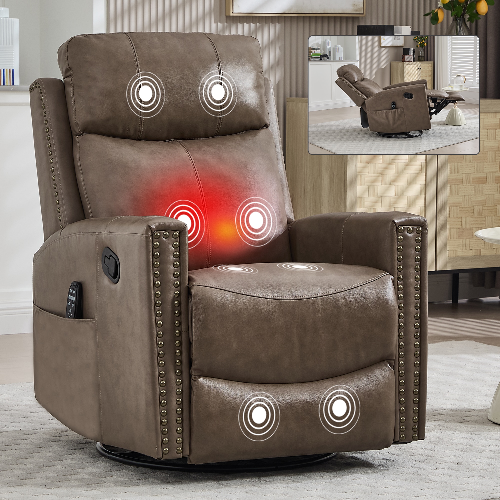 Dimakai Genuine Leather Massage Recliner Chair with Heat Swivel Rocker
