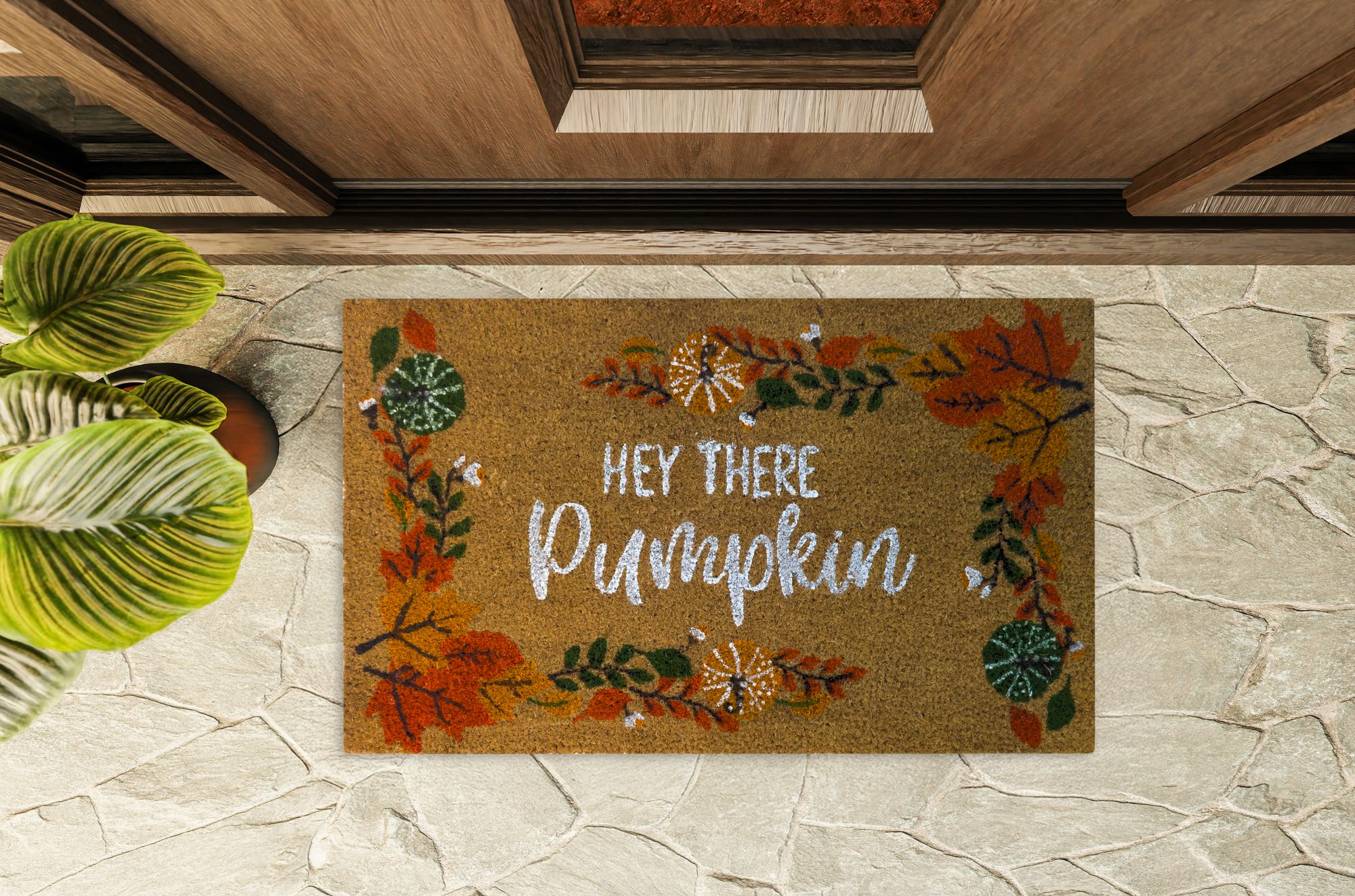 KATE AURORA Fall Harvest Hey There Pumpkin Bristled Outdoor Welcome Mat ...
