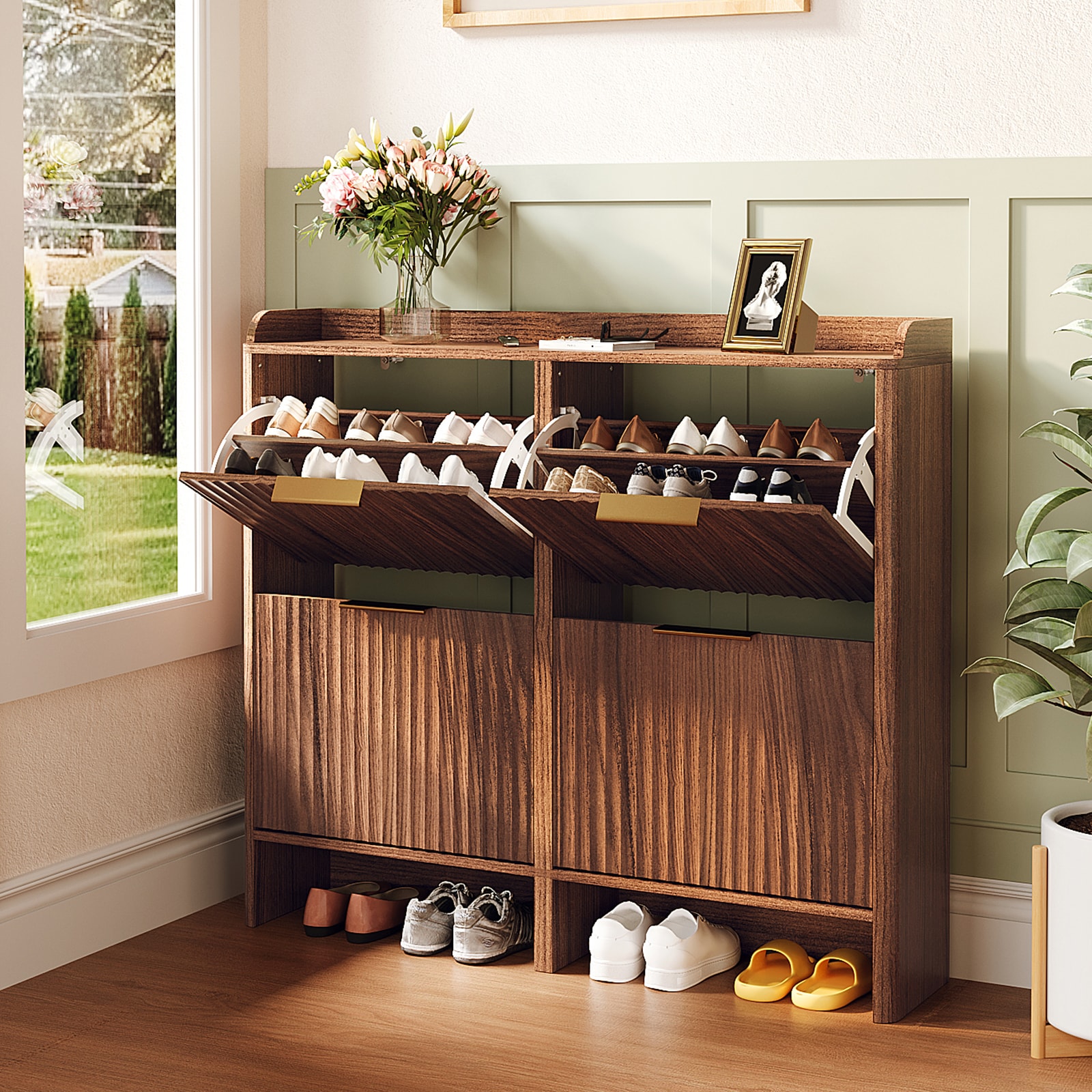 VINGLI 43.5W x 38.9H Large Shoe Cabinet with 4 Flip Drawers/Slim Fluted Shoe Storage Cabinet with Unique Arched Side Panels/Modern Entryway Organizer with Gold Handles Dark Walnut